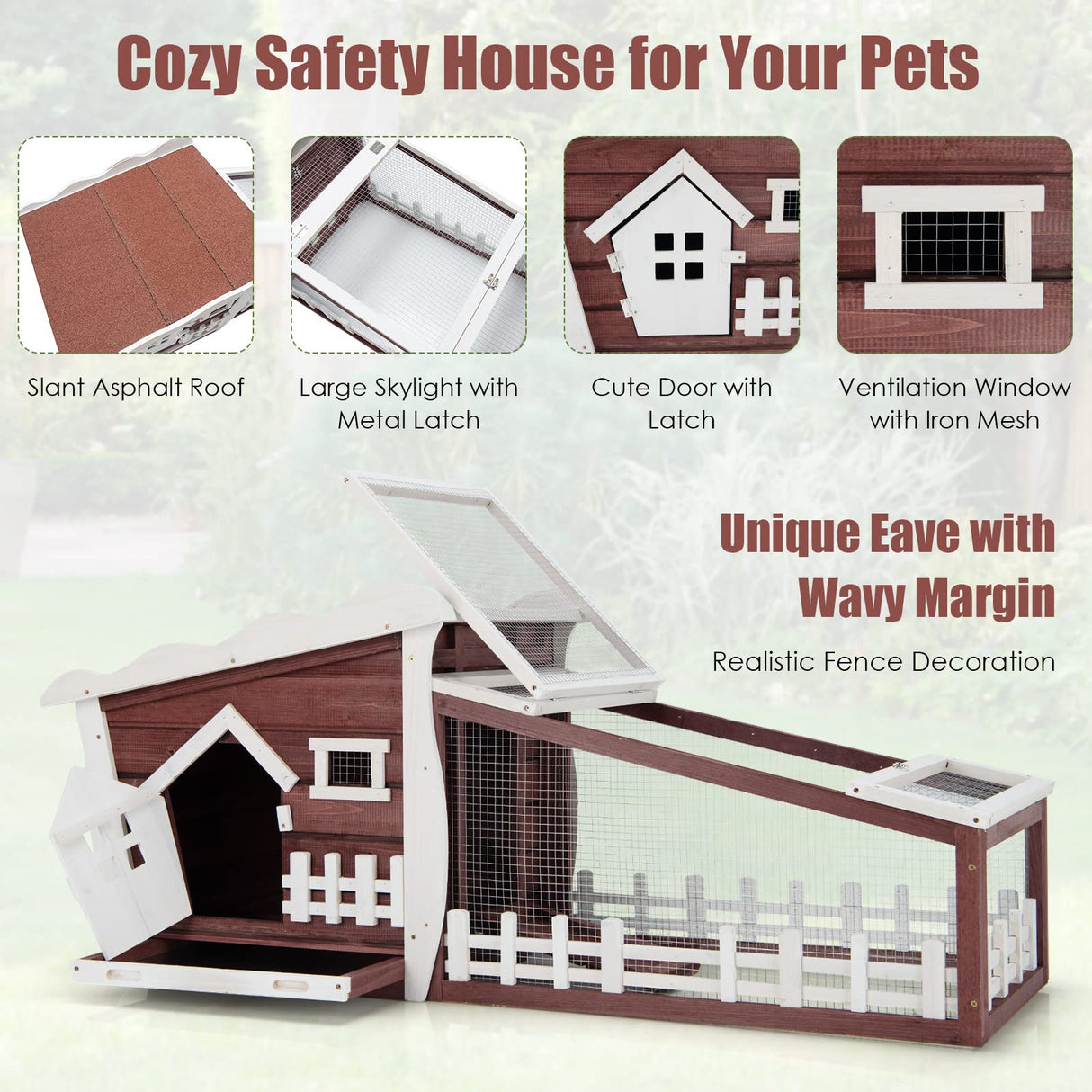 Tangkula 62 Inch Wooden Rabbit Hutch, Outdoor Chicken Coop with Asphalt Roof, Removable Tray, Running Ramp, Pet Bunny Cage House for Rabbits, Chicken and Small Animals, Indoor & Outdoor Use (Red) Tangkula