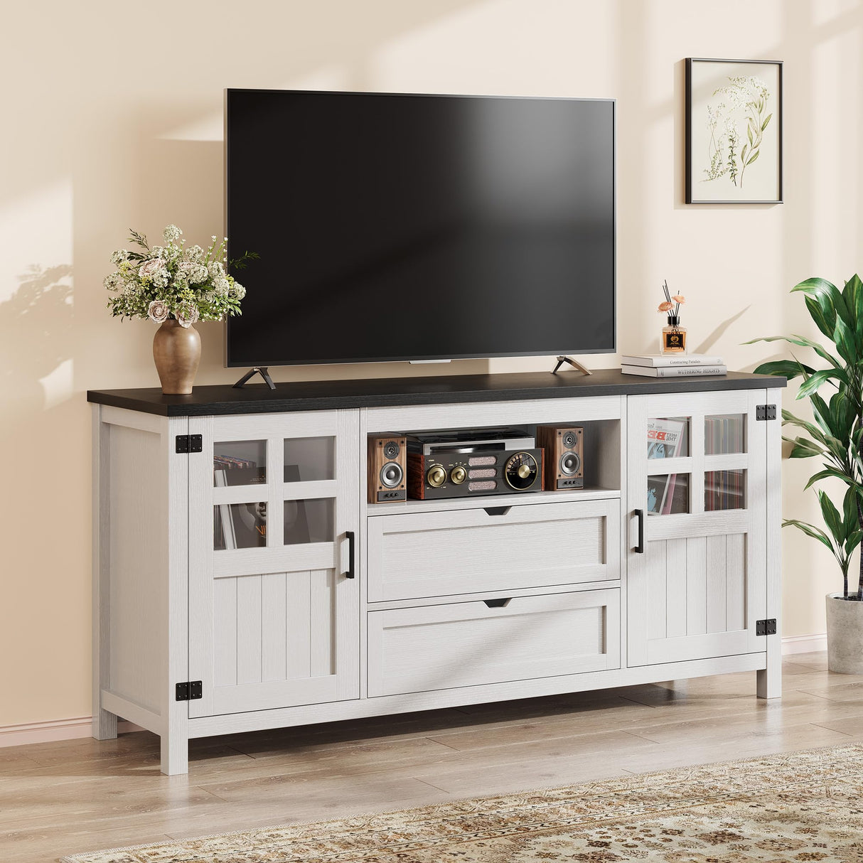 Vividwood Farmhouse TV Stand for 65 70 75 Inch TVs, Entertainment Center with Adjustable Shelves, 2 Barn Doors and Drawers, Storage Media Cabinet for Living Room or Bedroom-White Vividwood