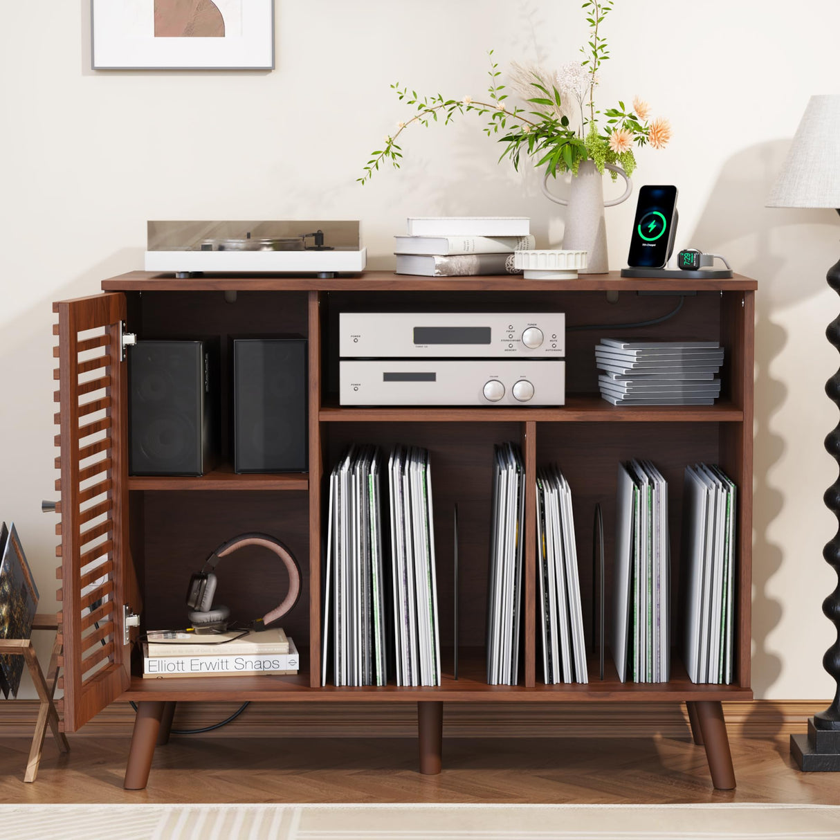 Furnify Record Player Stand with Charging Station, Mid-Century Turntable Stand with Slatted Doors, 40" W Record Player Table Holds Up to 350 Albums Vinyl Storage Display Shelf for Living Room, Walnut Furnify