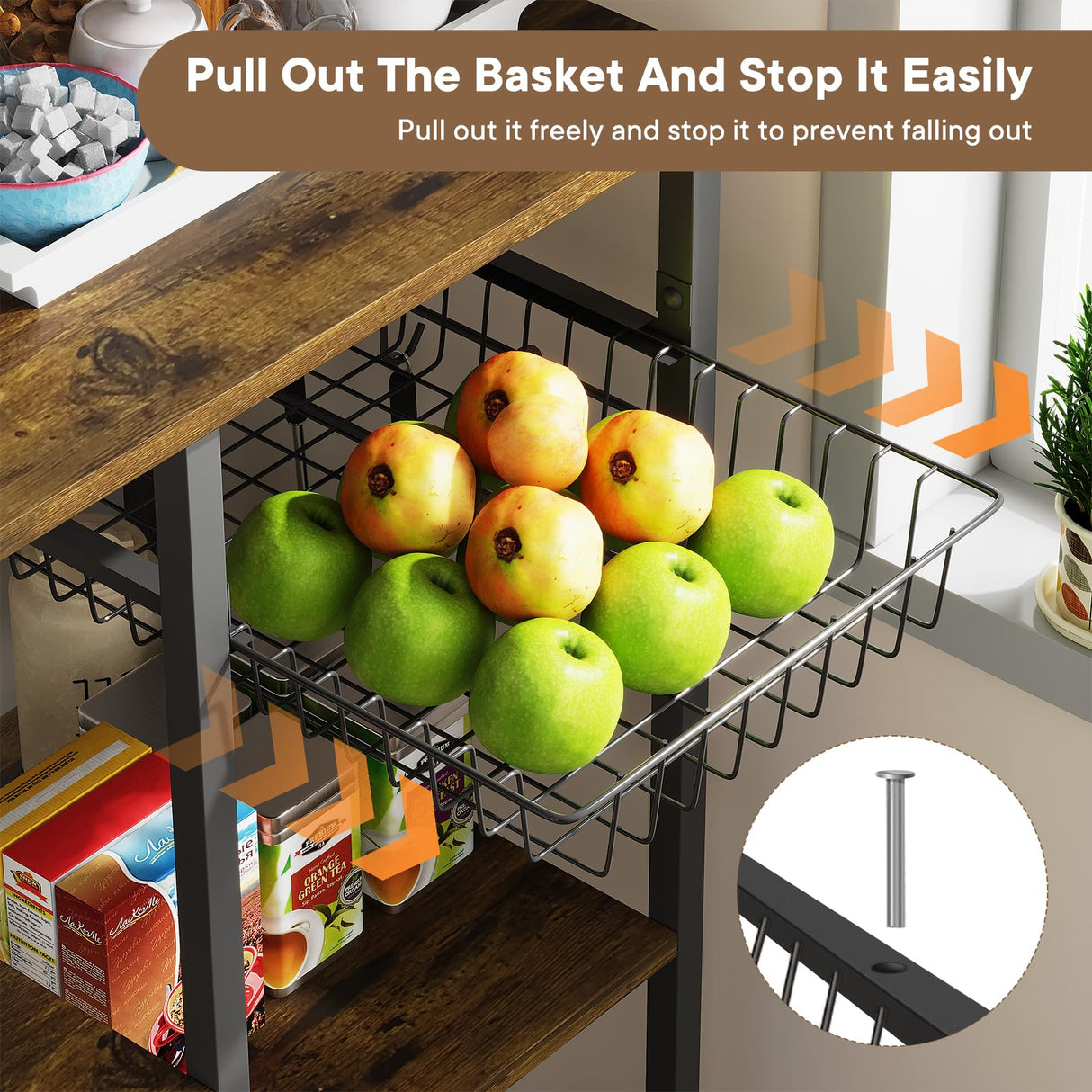 ZERDER Bakers Rack with Power Outlets and 2 USB Ports, Utility Microwave Stand, Kitchen Storage Rack with 6 S-Shaped Hooks, Kitchen Shelves, Rustic Brown ZERDER