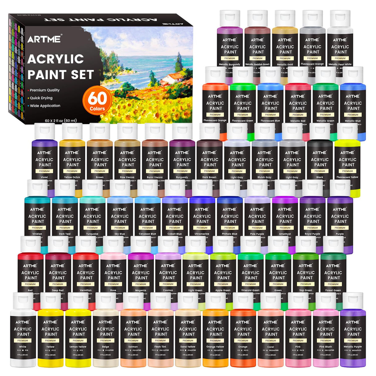 Artme Acrylic Paint Set, 60 Colors in 2oz/60ml Bottles, Non Toxic, Waterproof, Rich Pigments Acrylic Paint for Artists, Students, Beginners Painting on Rocks Canvas Wood Clay Fabric Ceramic Crafts Artme