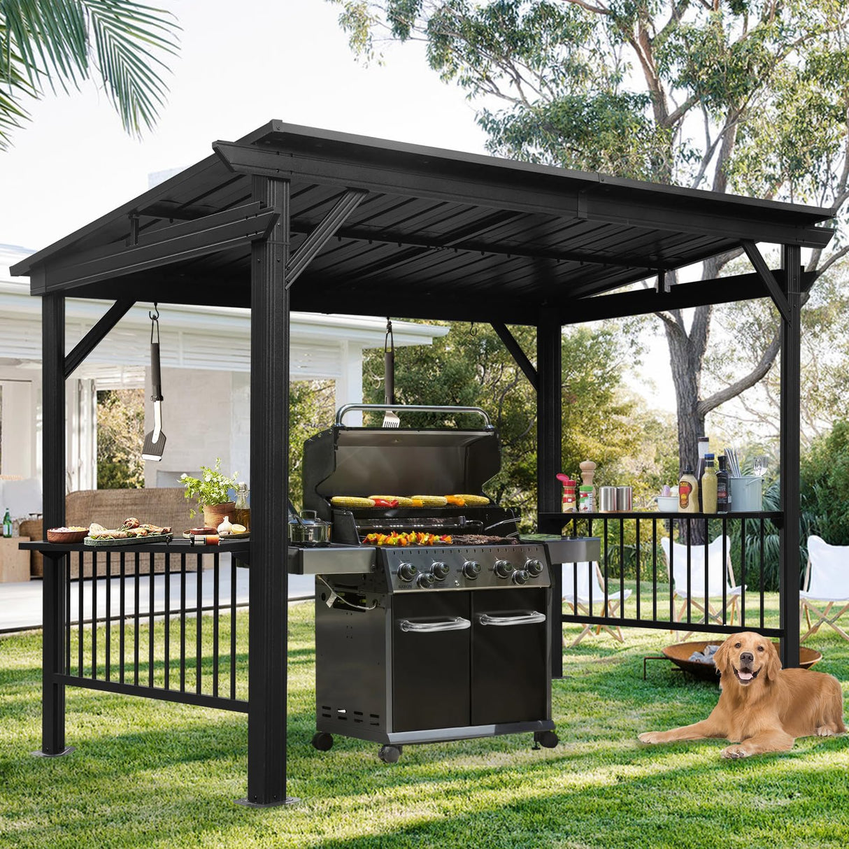 Domi 6.5x12FT Hardtop Grill Gazebo, Outdoor BBQ Gazebo with Galvanized Steel Sloping Roof, Metal Permanent Sun Shade Grill Canopy Shelter with 2 Side Shelves and Ceiling Hooks for Patio Yard, Gray domi outdoor living