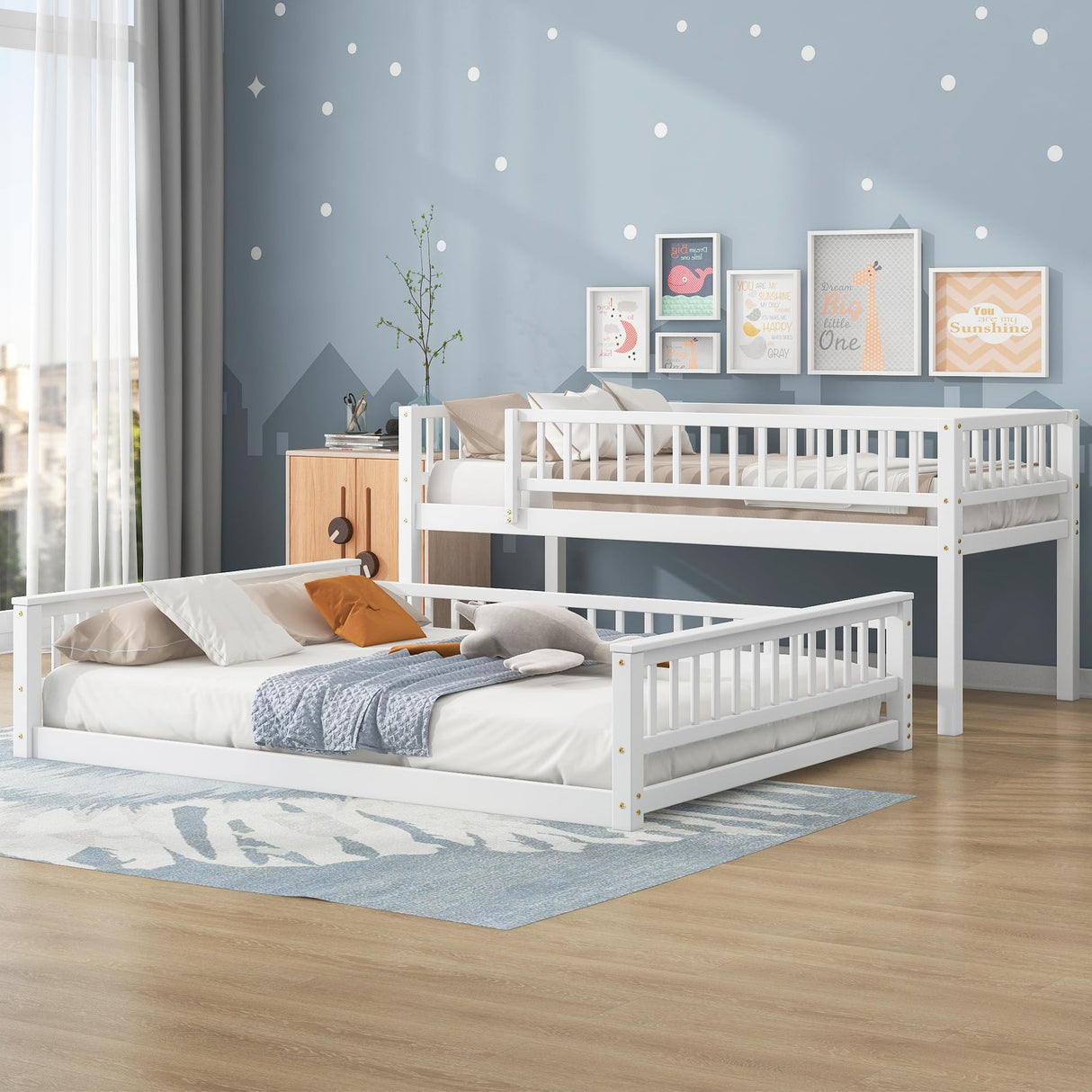 Merax Twin XL Over Queen Floor Bunk Bed, Kids White Wood Bunk Bed Frame with Ladder & Guardrails, Space Saving Teens Youths Beds for Bedroom, Guest Room, Noise Free, No Box Spring Needed, White Merax