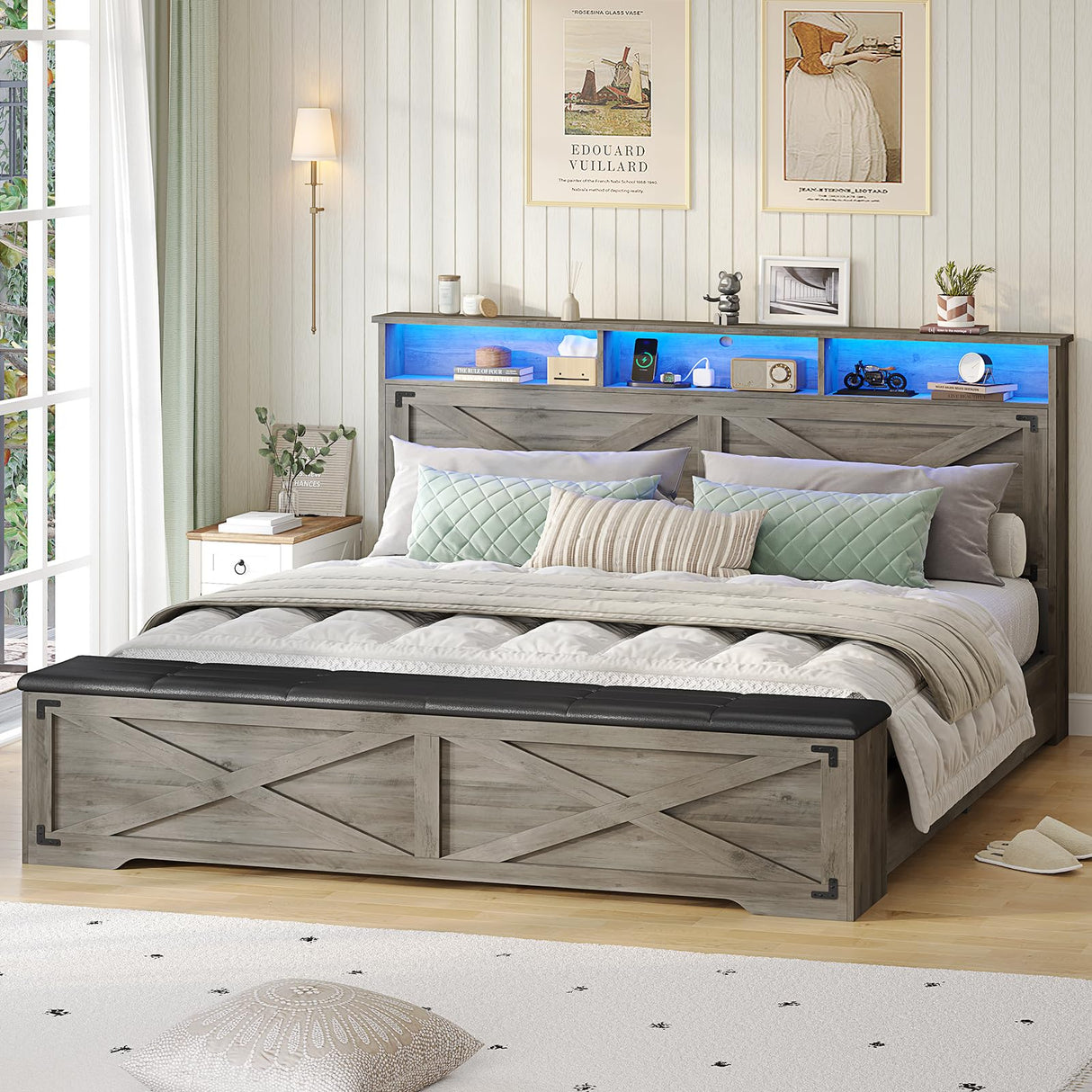 Hasuit Queen Size Bed Frame with Storage Ottoman, Farmhouse Bed Frame with Charging Station and Led Light, Headboard with Storage Rack, Metal Slats, No Noise Design, No Box Spring Needed,Oak Grey Hasuit