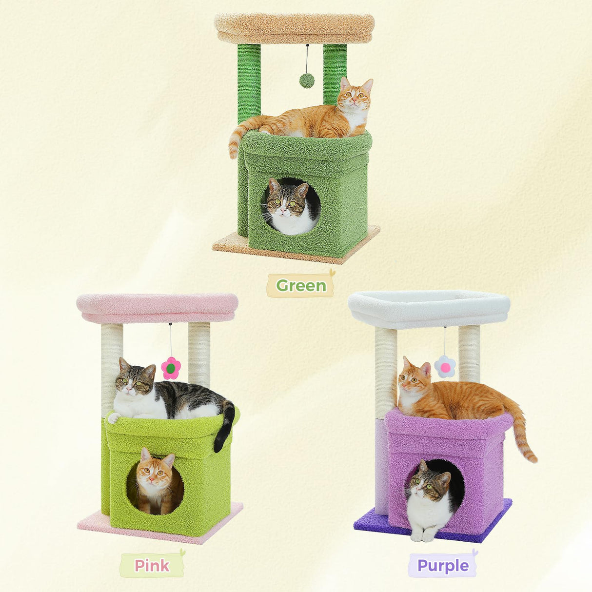 PEQULTI Cat Tree Cactus Cat Tower for Indoor Cats with Private Cozy Cat Condo, Natural Sisal Scratching Posts and Plush Pom-pom for Small Cats Green PEQULTI