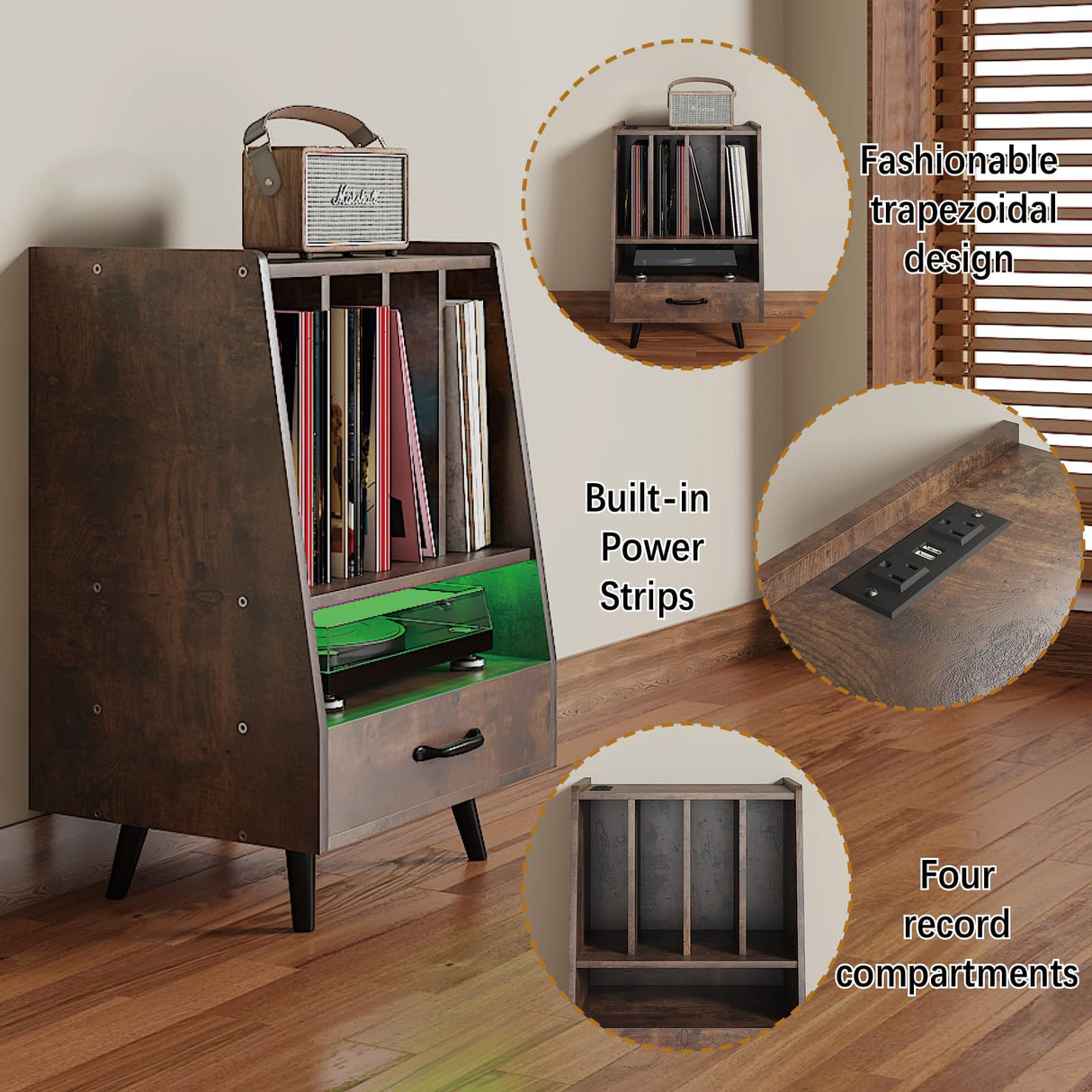 HedoAjim Large Record Player Stand with Vinyl Storage with LED Light, Turntable Stand with Drawer, Midcentury Record Player Table Holds Up to 200+ Albums, DVD Shelf for Music Room Living Room-Walnut HedoAjim