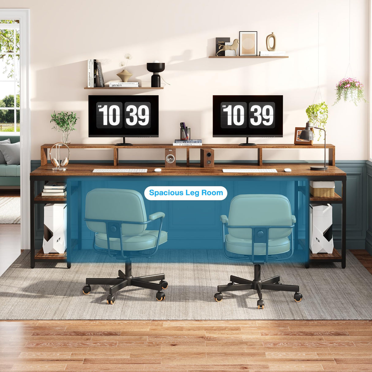 Tribesigns Two Person Desk with Monitor Stand, 78.74" Long Double Computer Office Desk with Storage Shelves, Large Gaming Desk Study Writing Table Workstation for Home Office, Rustic Brown Tribesigns