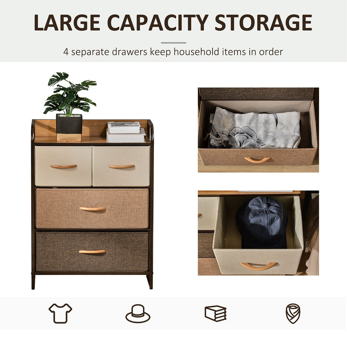 HOMCOM 4-Drawer Dresser, Fabric Chest of Drawers, 3-Tier Storage Tower with Steel Frame and Wooden Top for Bedroom, Nursery Room, Multicoloured HOMCOM