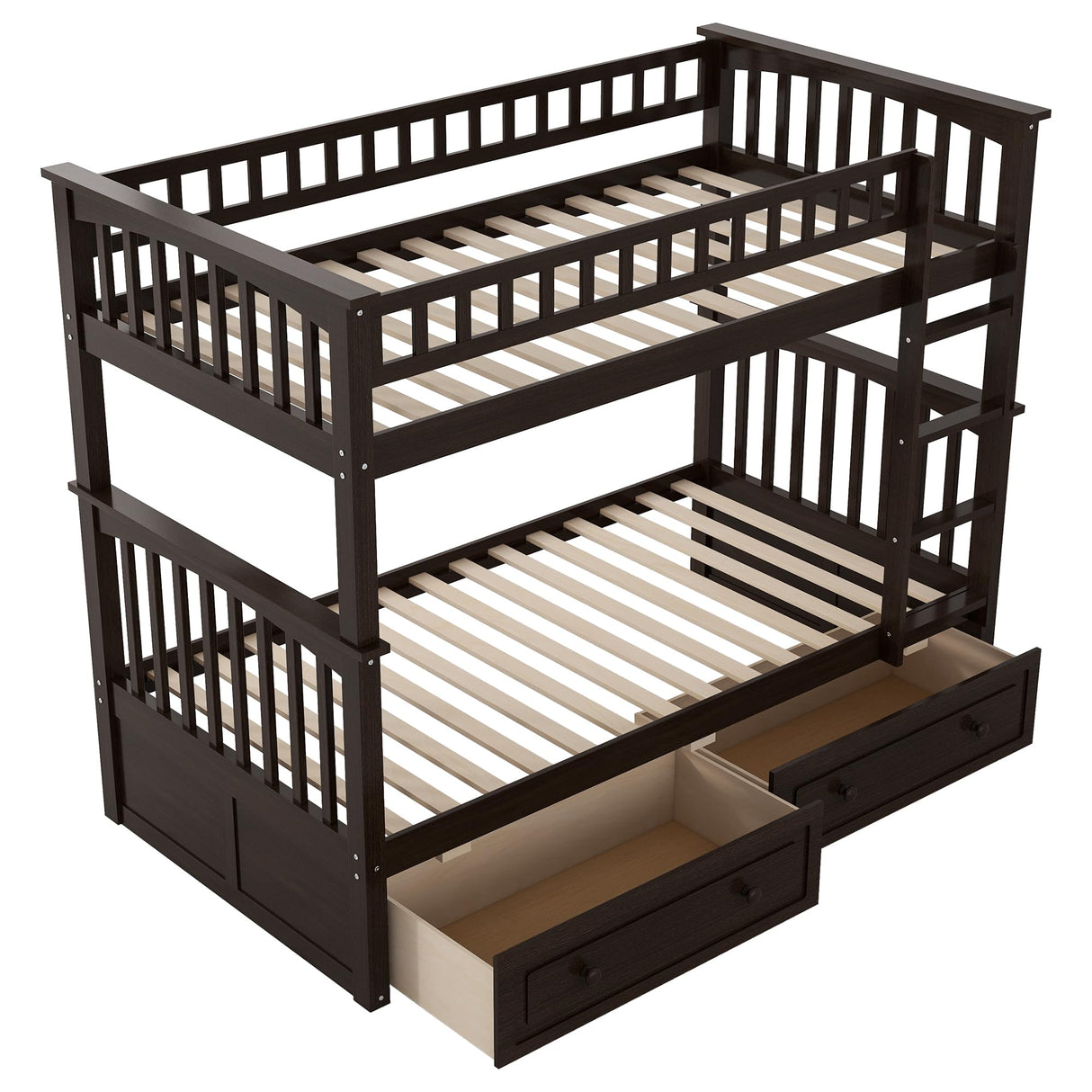 Linique Twin Over Twin Bunk Bed with 2 Drawers and Ladder,Multifunctional Wooden Bunk Bed with Full Length Guardlails and Ladder,Can be Separated into 2 Platform Beds,Espresso Linique