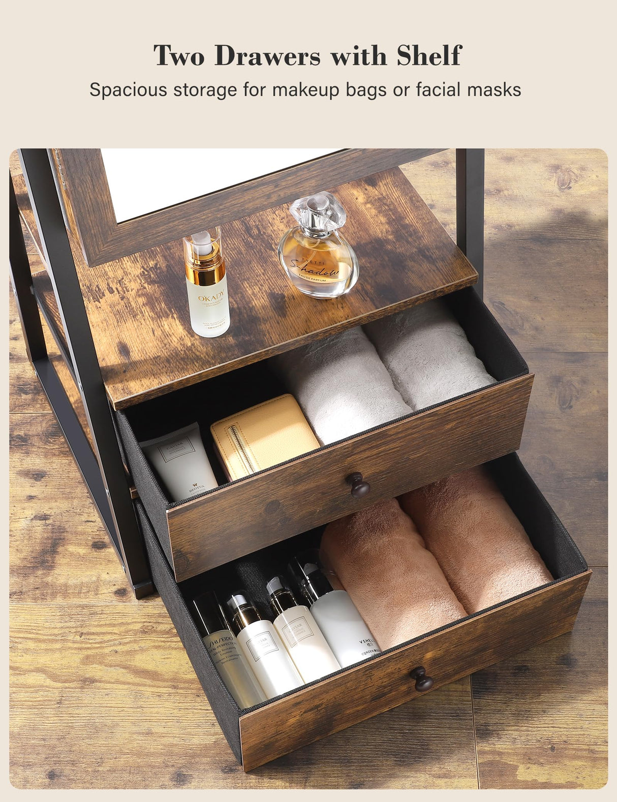 Nicetree Jewelry Cabinet Armoire with 2 Drawers, Lockable Standing Jewelry Mirror Cabinet, Full Length Mirror with Jewelry Storage, Rustic Brown Nicetree