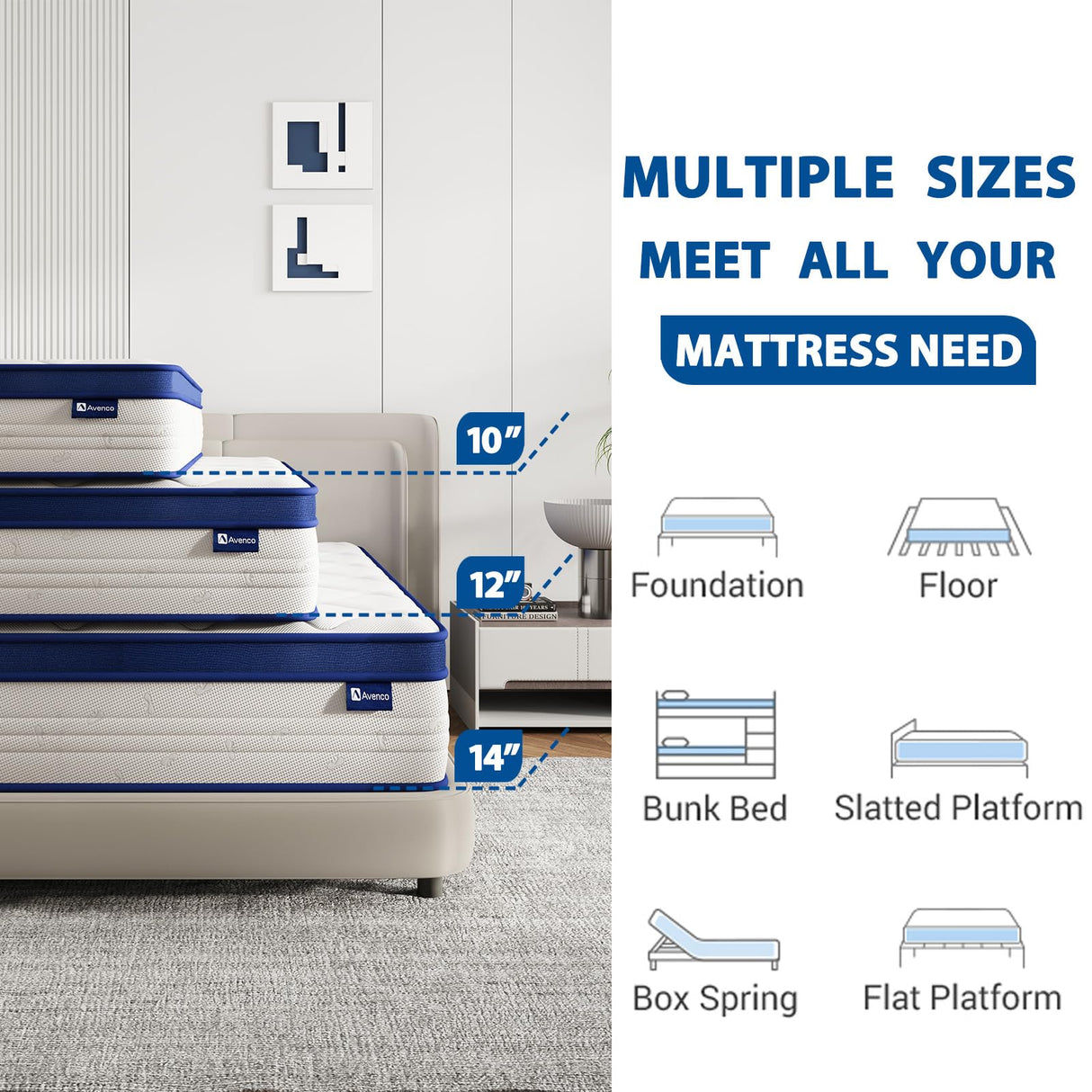 Avenco King Mattress, Hybrid King Size Mattress in a Box, 12 Inch King Size Mattresses with Comfort Foam and Pocket Coils for Pressure Relief Motion Isolation Avenco