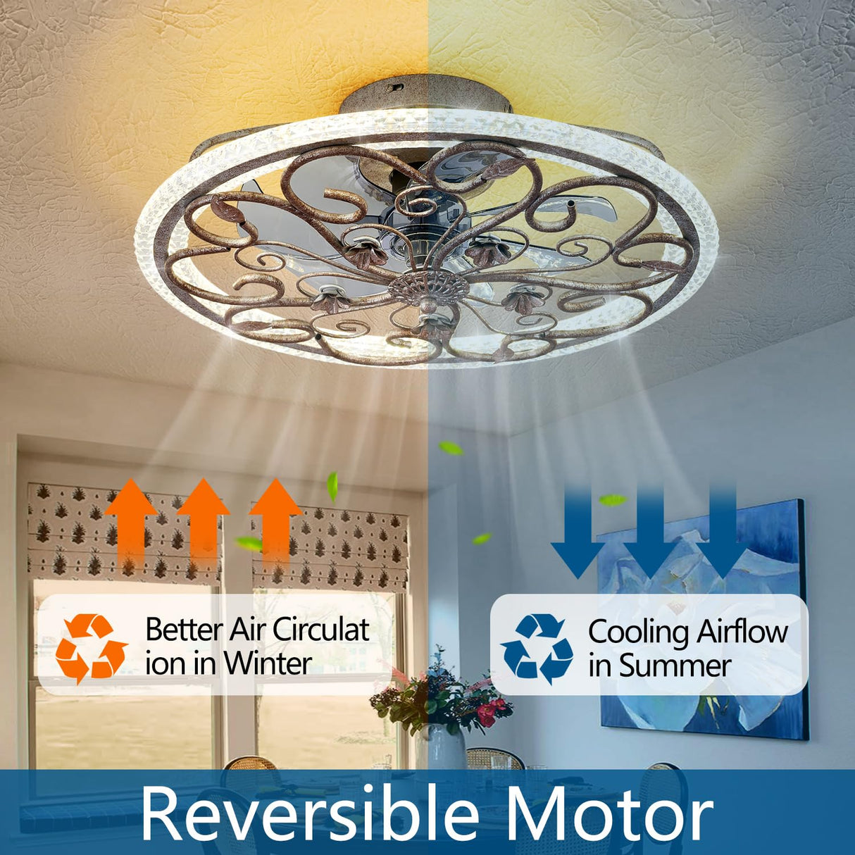 HuixuTe Rustic Caged Ceiling Fan with Lights Remote Control, Retro Industrial Ceiling Fan with Light for Kitchen Bedroom Living Room HuixuTe