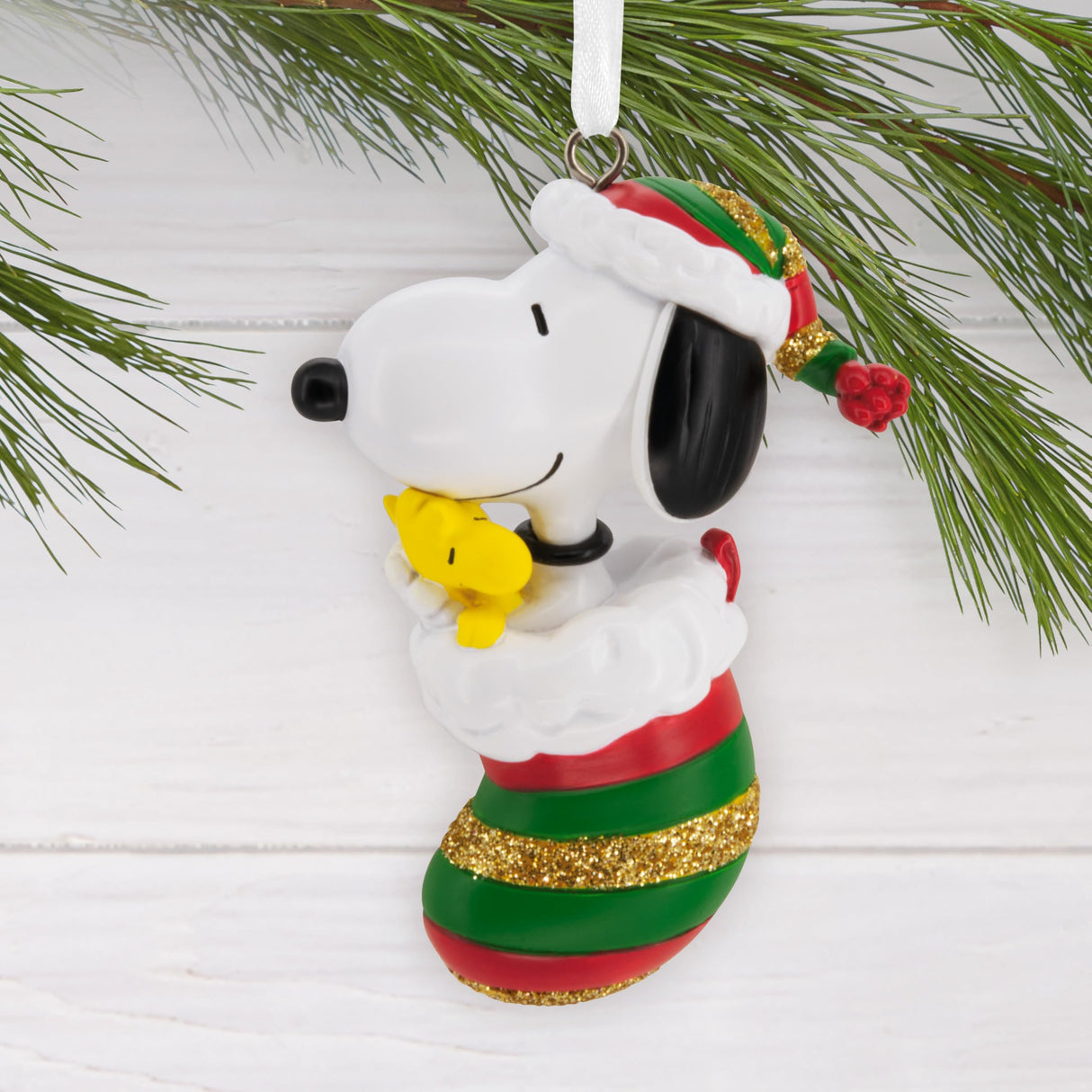 Hallmark Peanuts Snoopy and Woodstock in Stocking Christmas Ornament, Gifts for Peanuts Fans Hallmark