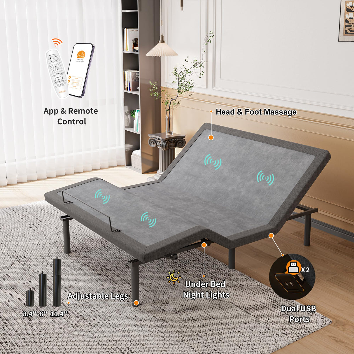 ESHINE 3100 Series Adjustable Bed Frame with 14 inch Ultra-Plush Black Mattress - Split King ESHINE