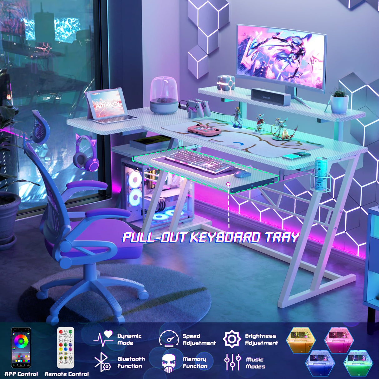 armocity L Shaped Gaming Desk with LED Lights and Outlets, White PC Gaming Desk with Monitor Stand and Shelves, Reversible Gaming Computer Desk with Keyboard Tray & Z-Shape Legs, 47" armocity