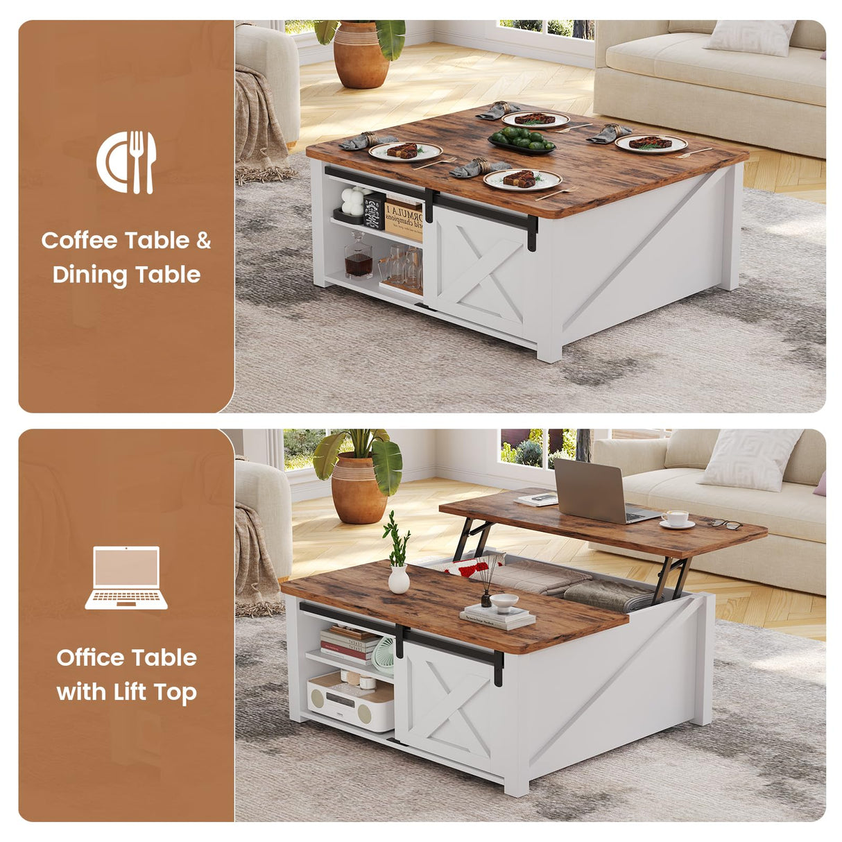 SEDETA 31.5" Lift Top Coffee Table with Storage, Square Coffee Table for Living Room, Farmhouse Coffee Table with Large Hidden Storage Compartment and Adjustable Shelves, White SEDETA