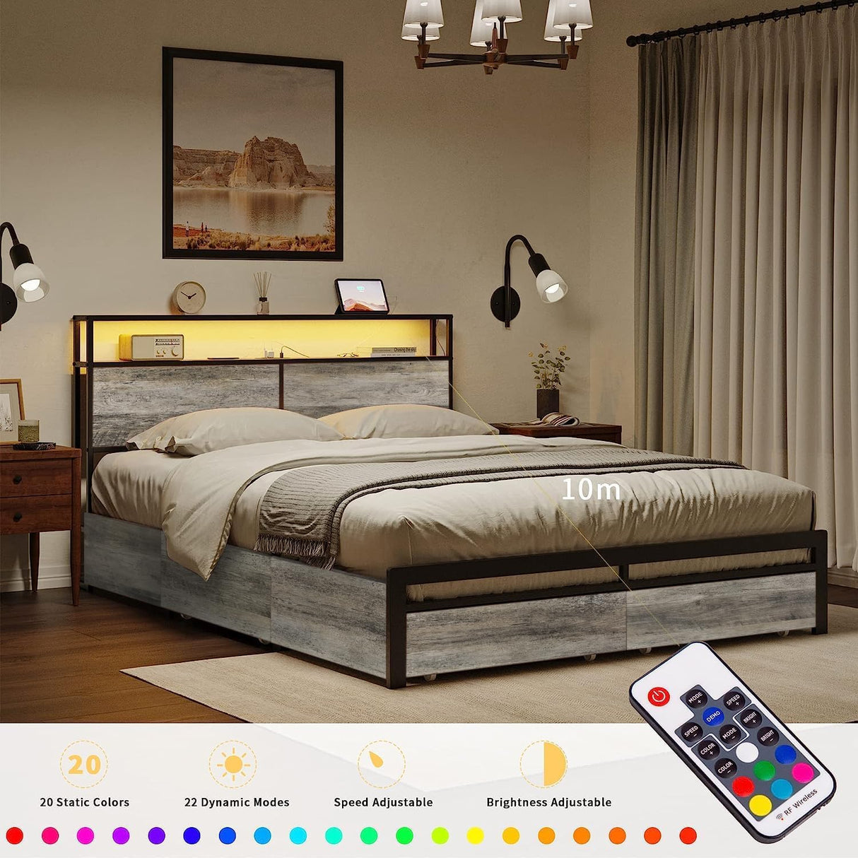 HAUSOURCE Full Size LED Bed Frame with Headboard, 4 Storage Drawers & Integrated USB Ports HAUSOURCE