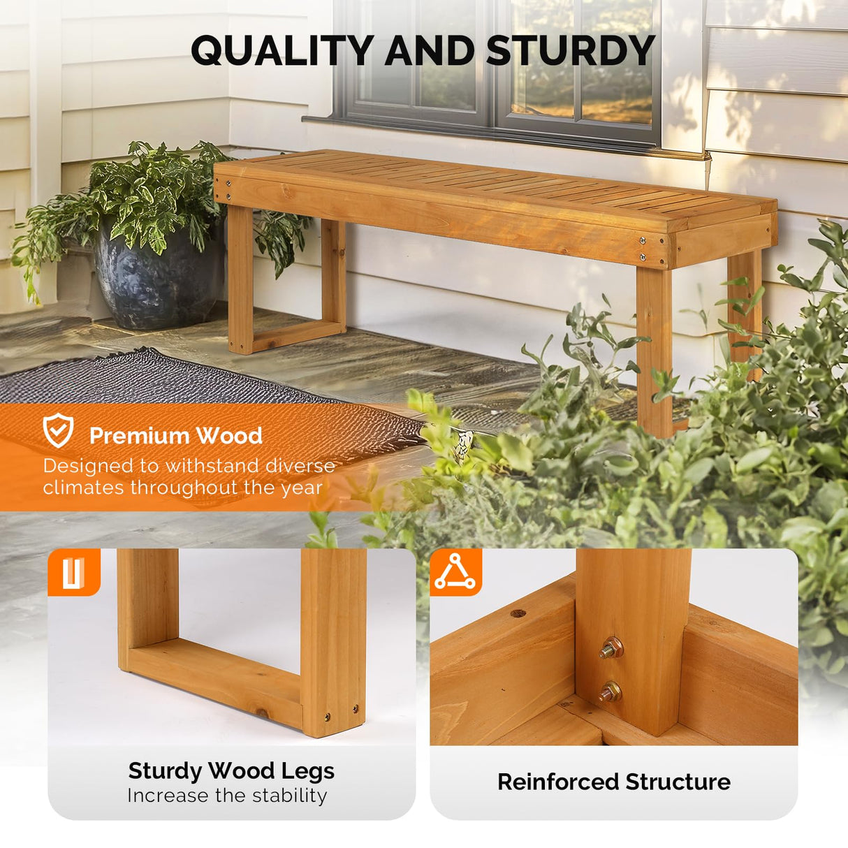 VINGLI 50'' Outdoor Wooden Bench, Weatherproof Outdoor Backless Bench, 2-Person Wood Patio Bench for Backyard, Poolside, Entryway VINGLI