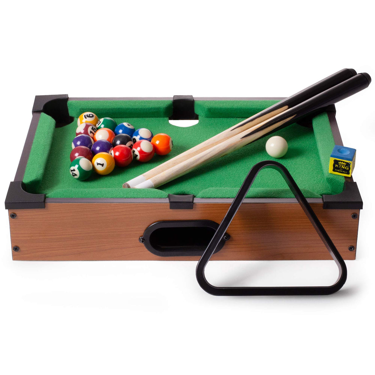Tabletop Pool, Mini Pool Table & Billiard Set | Small Billiards Game with 16 Resin Balls, 2 Pool Cues, Triangle Rack, & Chalk | Travel-Friendly & Office Desk Games, Bartop, or Home Use & Easy Storage Brybelly