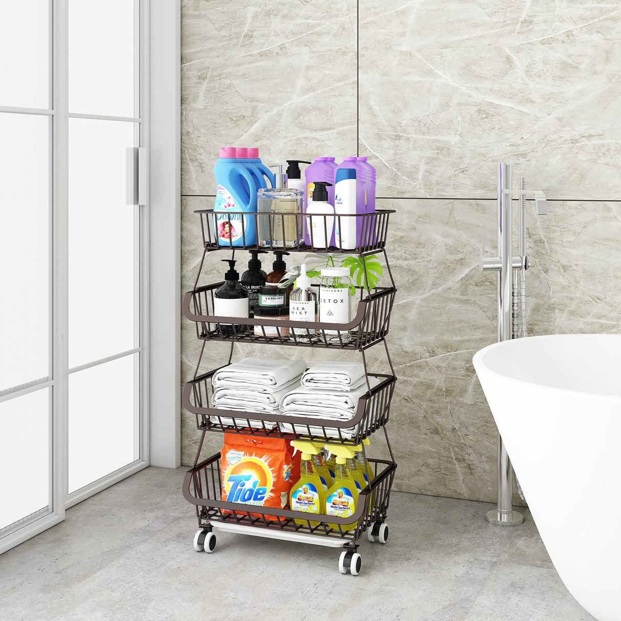 Fruit Vegetable Storage Basket for Kitchen - 4 Tier Stackable Metal Wire Baskets Cart with Rolling Wheels Utility Fruits Rack Produce Snack Organizer Bins for Pantry Bathroom Laundry Bronze Miyawell