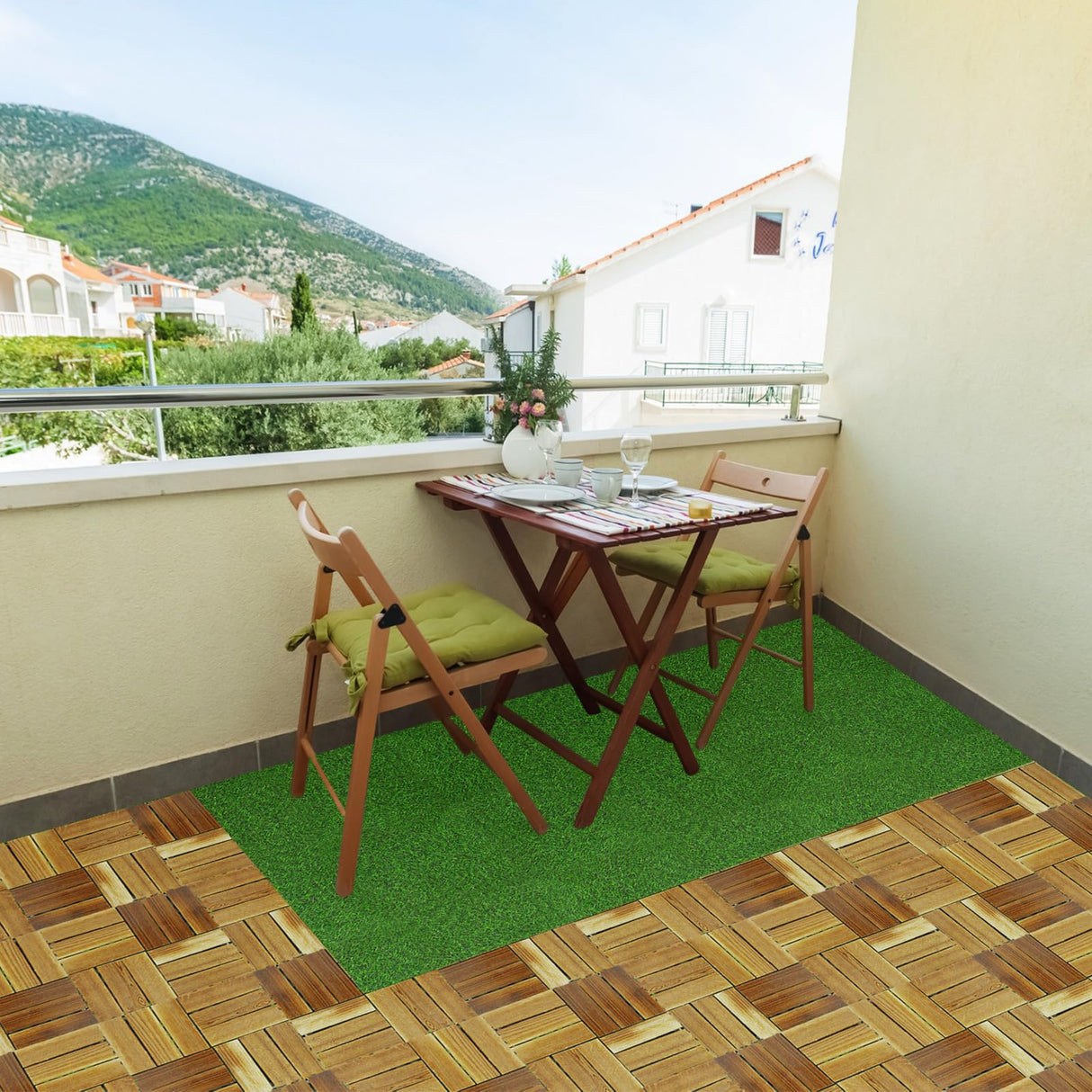 Sasylvia 48 Pcs Hardwood Interlocking Patio Deck Tile and Artificial Grass Tile Waterproof Wood Flooring Tile Interlocking Turf Tile Outdoor Self Draining Tile for Balcony Garden Patio Lawn, 12 x 12'' Sasylvia