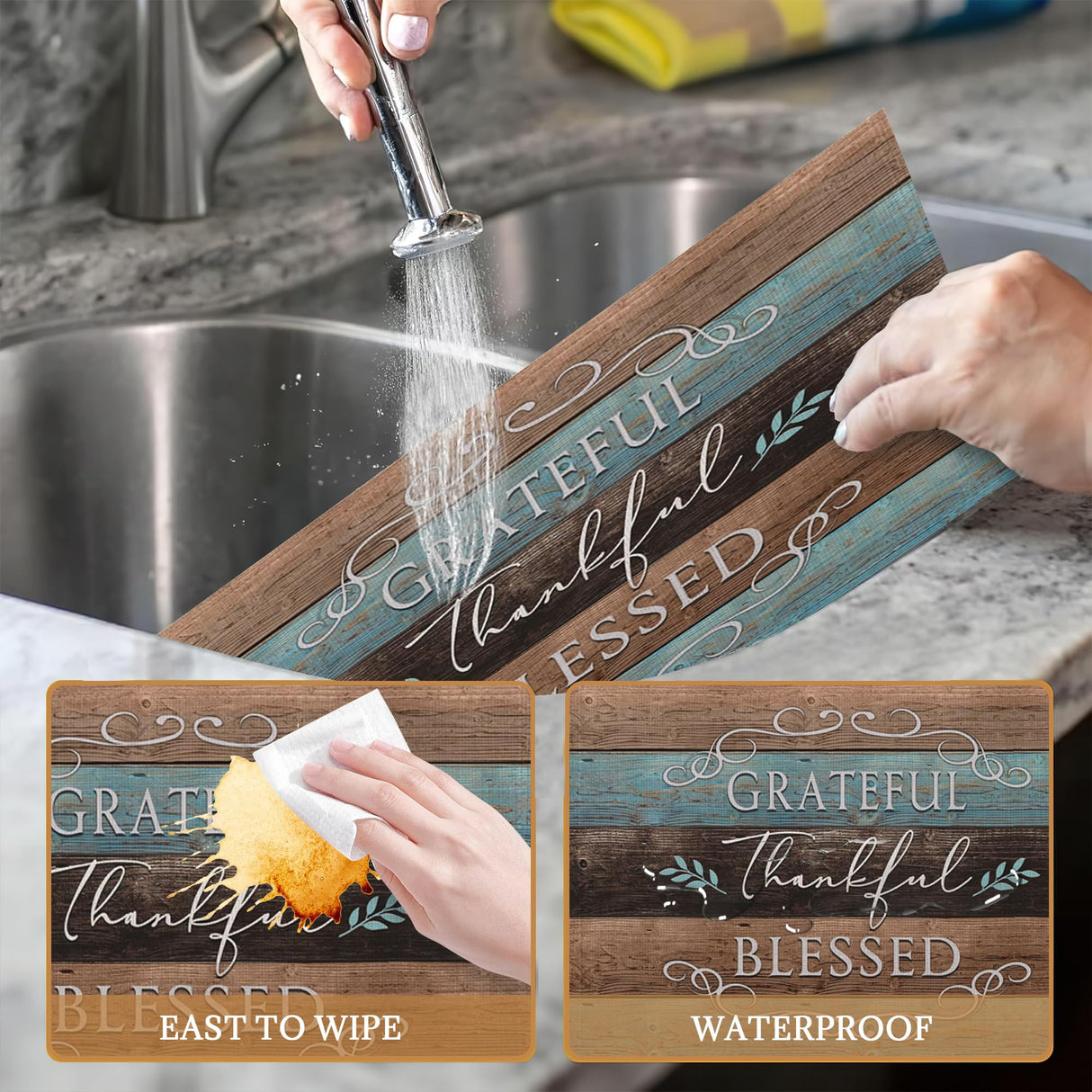 Thankful Grateful Blessed Placemats Set of 6 Place Mats for Kitchen Table Washable Farmhouse Linen Table Mats Dining Decoration 12x18 Inch UIUPRO