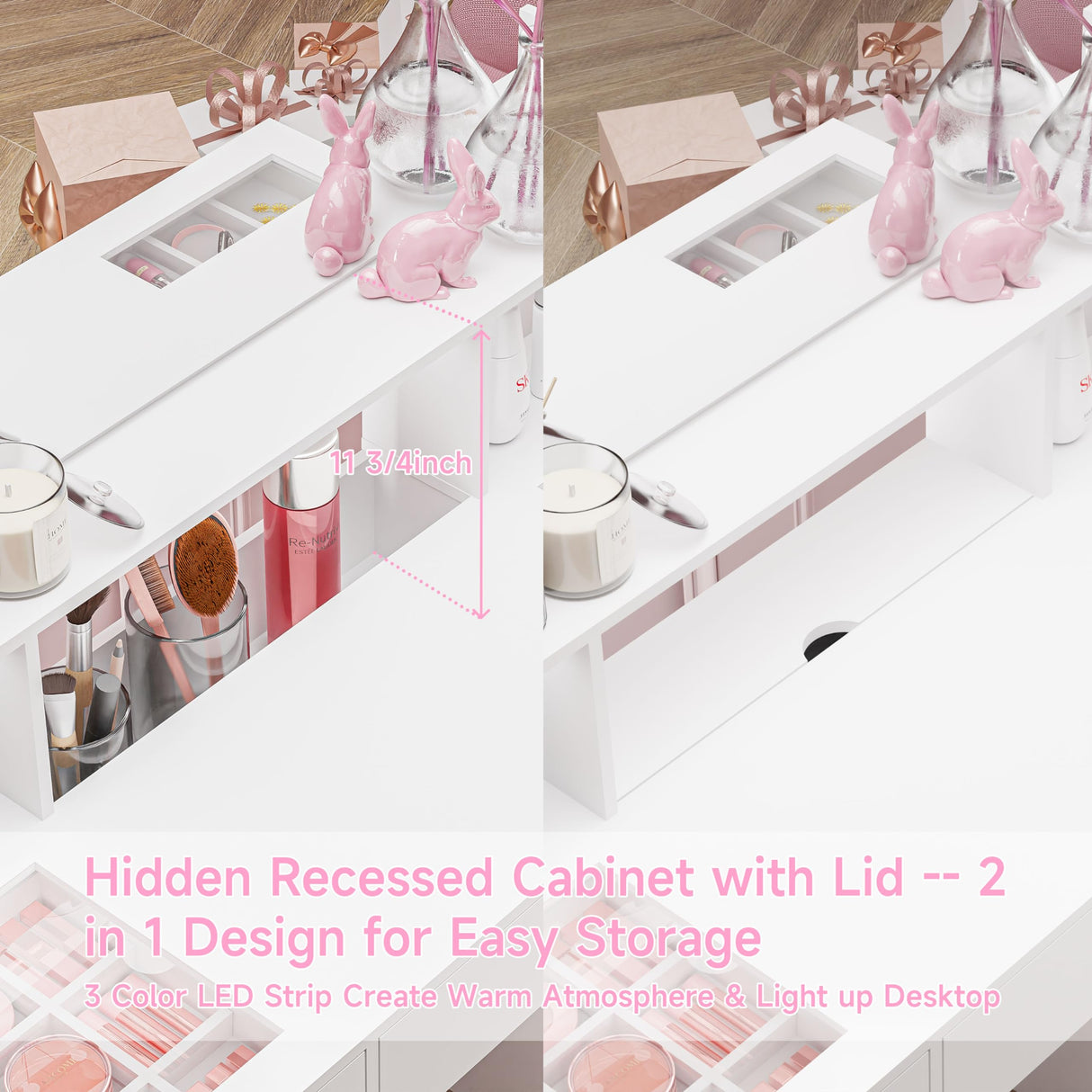 VoirStar Glass Vanity Desk with Large Lighted Mirror, 45" Big Makeup Vanity with 6 Drawers & Cabinet, 3 Lighting Colors, Makeup Vanity Desk with Glass Top, Hollywood Makeup Vanity with Lights, White VoirStar