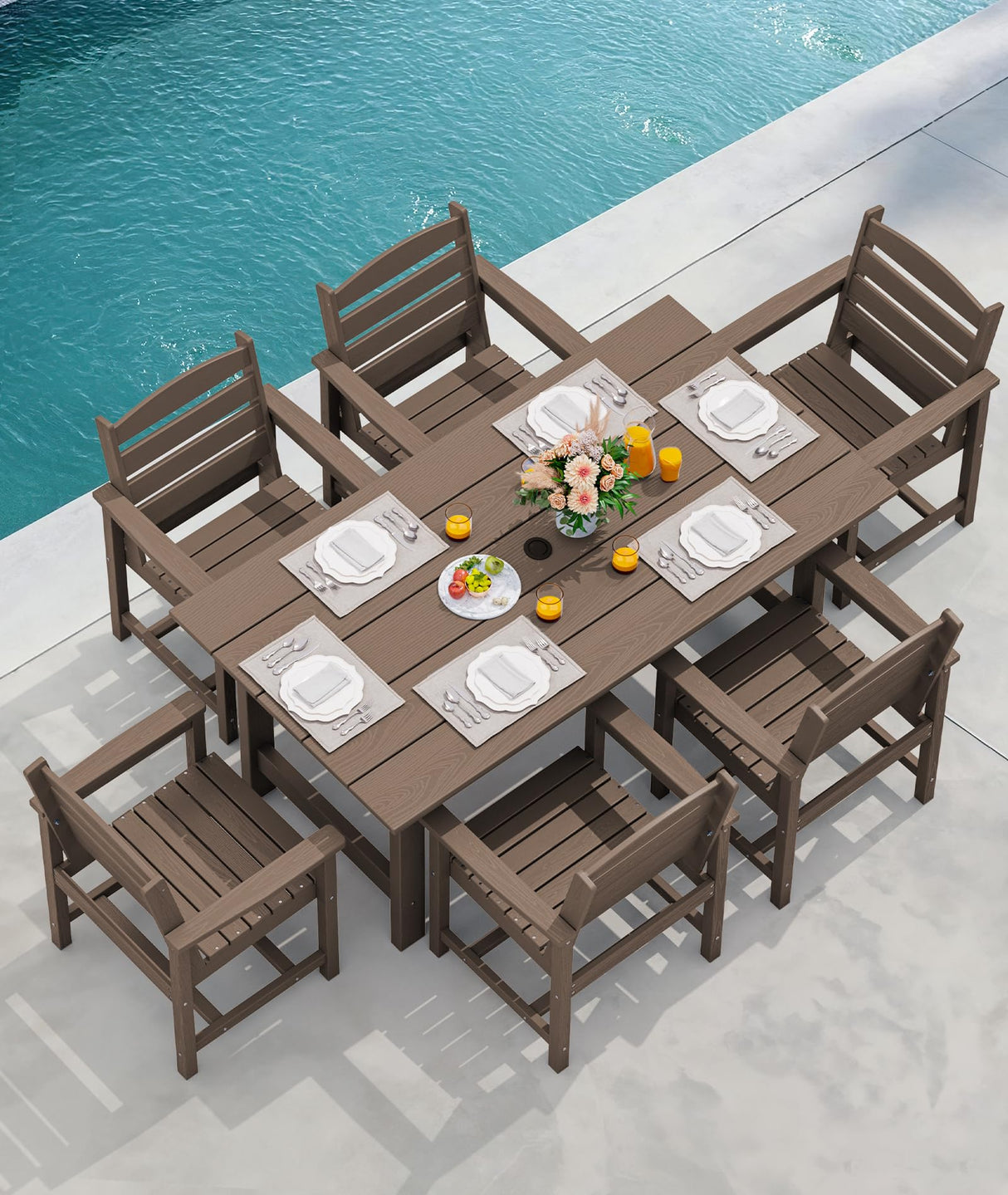 SERWALL 8-Piece Patio Dining Sets with 15FT Double Side Patio Umbrella, Outdoor HDPE Dining Furniture Set with Umbrella Hole Cut-Out Table and 6 Chairs, Coffee(Umbreall Base not Included) SERWALL