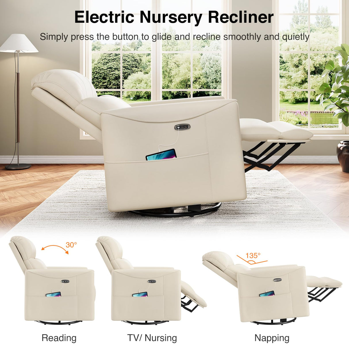 Welzona Power Swivel Rocker Recliner, 360° Swivel Nursery Rocking Chair, PU Leather Glider Rocking Recliner, Infinite Position Electric Chair for Adults with USB Port for Living Room, Beige White Welzona