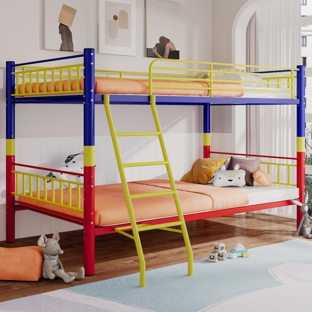 PAOFIN Metal Bunk Bed Twin Over Twin, Industrial Bunkbeds with Ladder and Full-Length Guardrail, Space-Saving Bed Frame Noise Free, No Boxing Spring Needed, Colorful PAOFIN