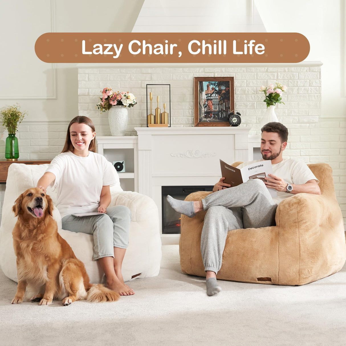 Hobestluk Bean Bag Chair for Adult Small Bean Bag Chairs with Arms Furry Beanbag Chair with Foam Filler Stuffed Bean Bag Sofa for Reading in Bedroom Living Room and Dorms(White) Hobestluk