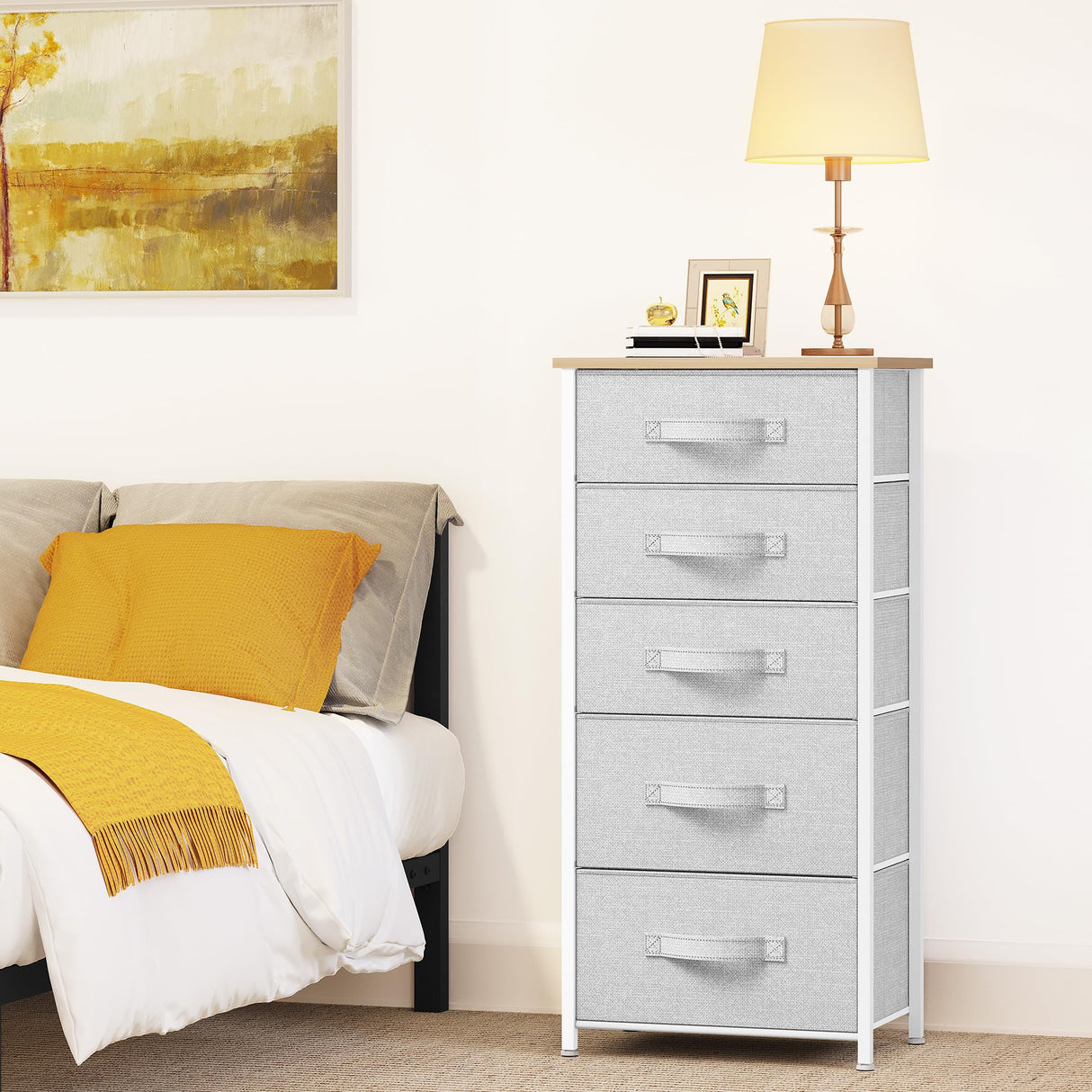 YITAHOME 5 Drawers Dresser, Vertical Fabric Storage Tower Organizer Unit for Living Room, Hallway - Sturdy Steel Frame, Wooden Top & Easy Pull Fabric Bins YITAHOME