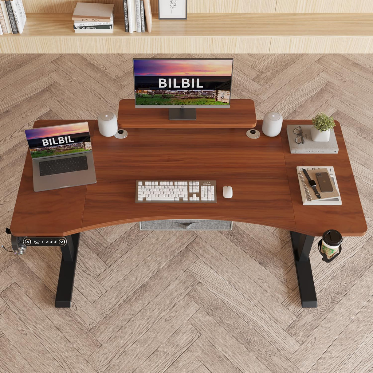 bilbil Dual Motor Electric Standing Desk with Drawer, 63x30 Inches Adjustable Height Sit Stand Up Desk with Storage Shelf, Home Office Desk Computer Workstation with Dark Walnut Top/Black Frame bilbil