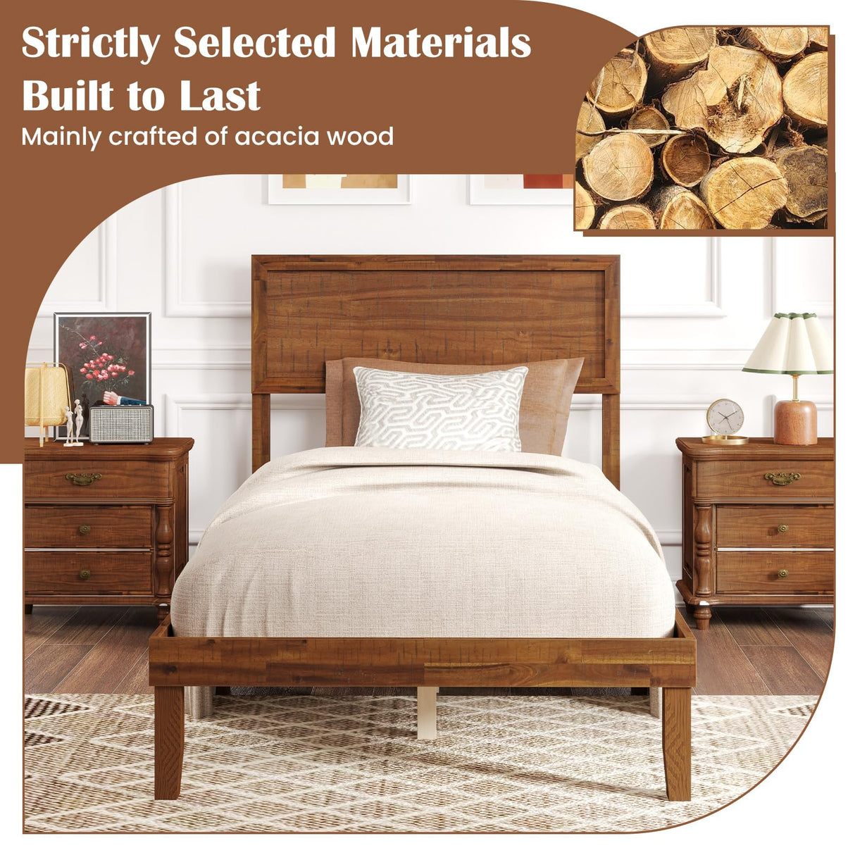 Giantex Wood Twin Bed Frames with Headboard, Mid Century Modern Platform Bed Twin Size with Solid Wood Legs & Wooden Slat Support, Easy Assembly, No Box Spring Needed, Walnut Giantex