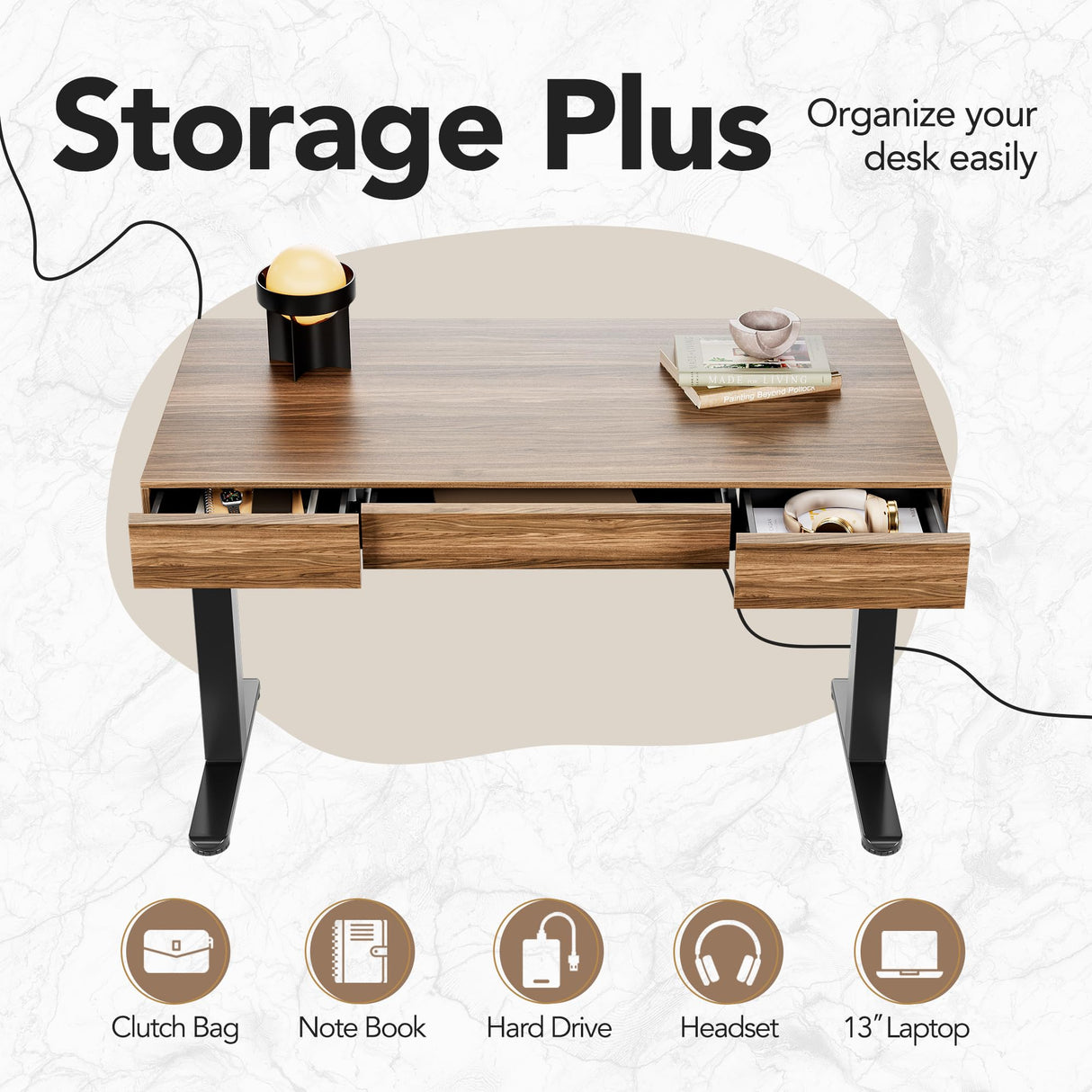 HUANUO Electric Standing Desk with 3 Drawers, 48 Inches Height Adjustable Stand Up Desk, Whole-Piece Board Computer Workstation with 4 Memory Height Settings, Black Walnut HUANUO