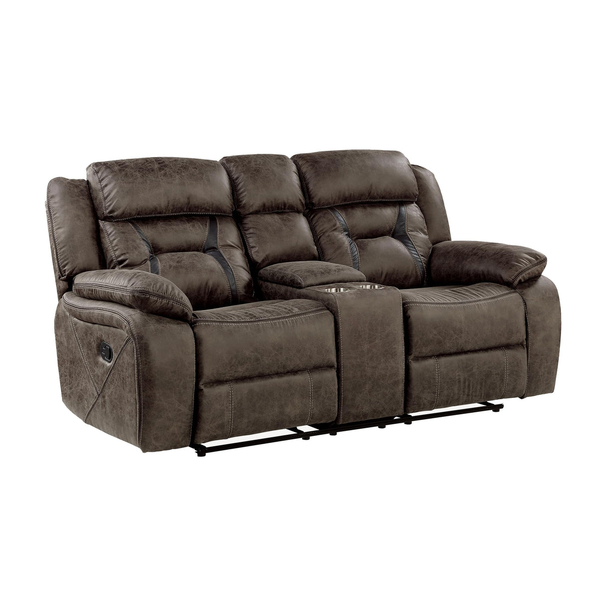 Homelegance Reclining Loveseat, Polished Microfiber Manual Double Recliner Loveseat with Center Console, Dark Brown Homelegance