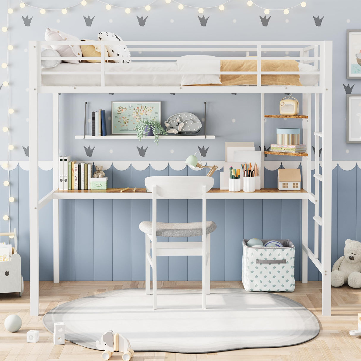 GarveeHome Loft Bed Twin Size with Large Desk and 2-Tier Storage Shelves, Heavy Duty Metal Loft Bed with Ladder and Guardrail for Kids and Adults, Steel Slats Support, Space Saving, White and Brown GarveeHome