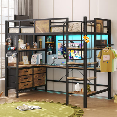 busyaeh Loft Bed with Desk, Twin Size Bunk Bed with Desk Underneath, with RGB LED Lights and Charging Station, Loft Bed with Storage Drawer Cabinets, Twin Max Load-Bearing Weight 400lbs, Vintage Brown