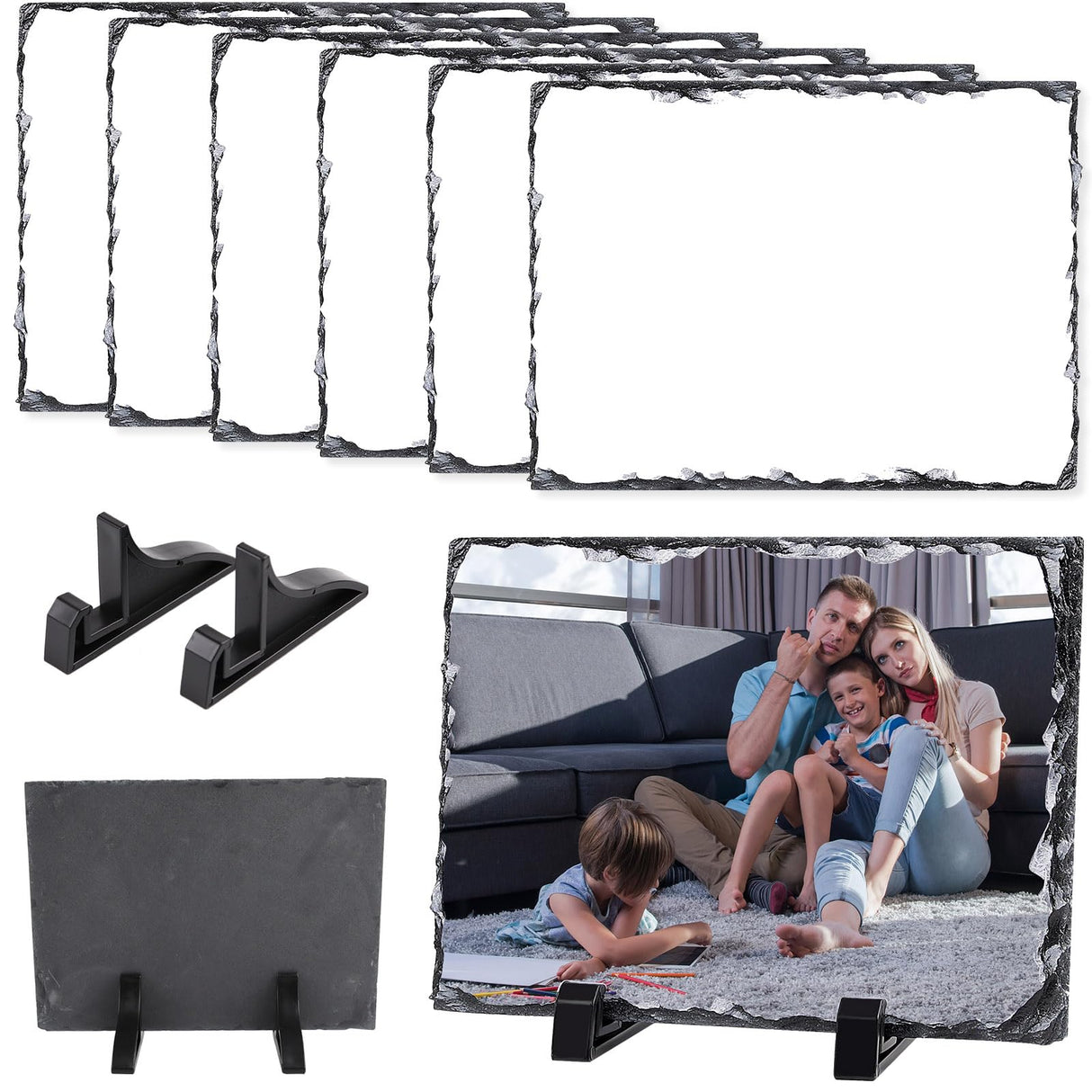 6 Pcs Sublimation Slate Blanks 5.9 x 7.8 inch Picture Frame Heat Transfer Rock Photo Plaque with DIY Custom Stone Slate Display Stand Christmas Decoration for Desktop Souvenir OKBA