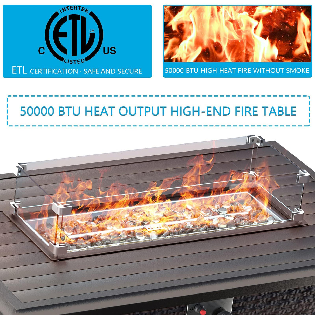 Gotland 11 Pieces Outdoor Patio Furniture Set with 2 Swivel Rocking Chairs&55,000 BTU Gas Fire Pit Table w/Glass Wind Guard Patio Conversation Sectional Sofa Sets-Khaki Gotland