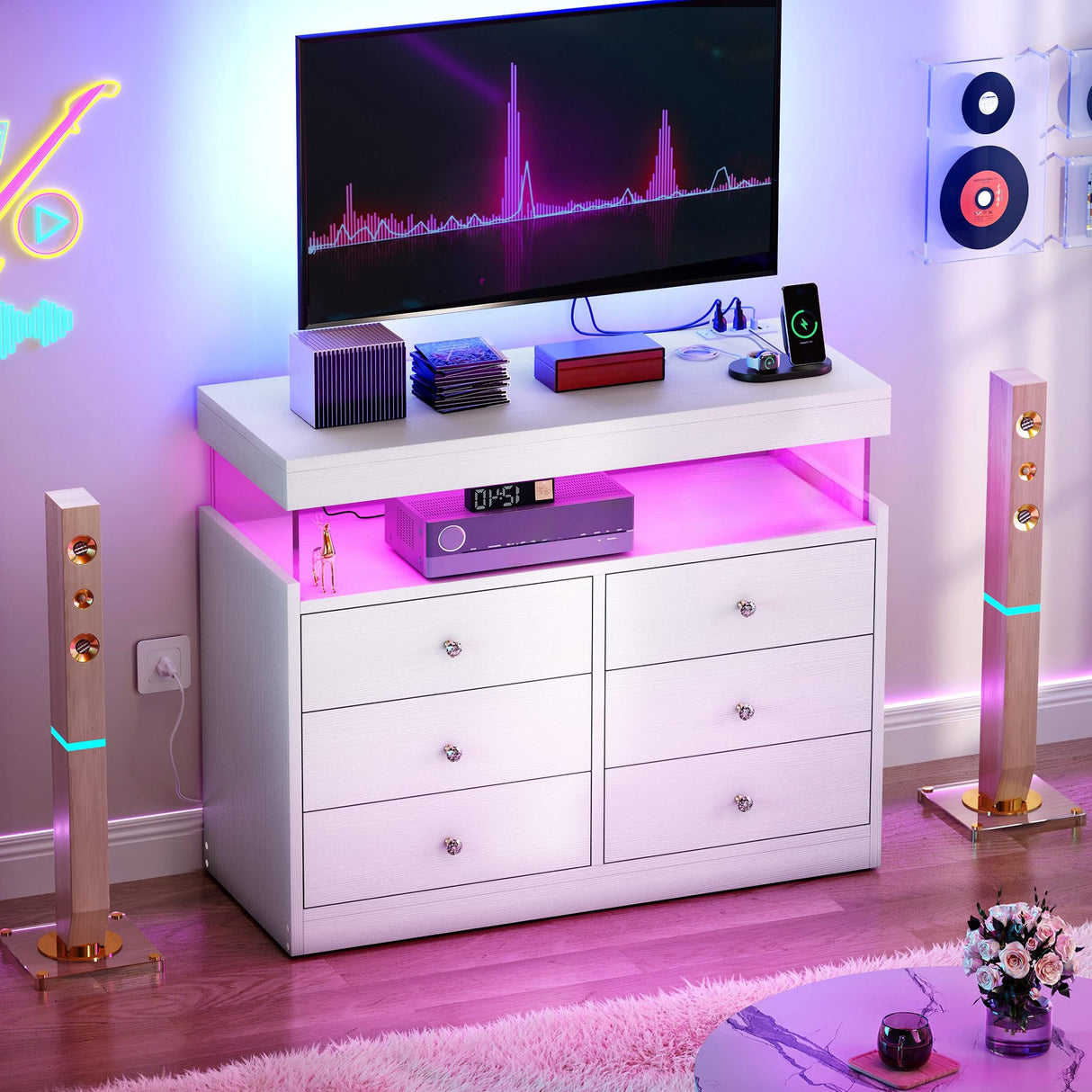 YITAHOME 6 Drawer Dressers with LED Lights and with Charging Station, Wood Dressers Chests of Drawers, Modern Dresser with Open Shelf Storage for Room, Entryway, Hallway, White YITAHOME