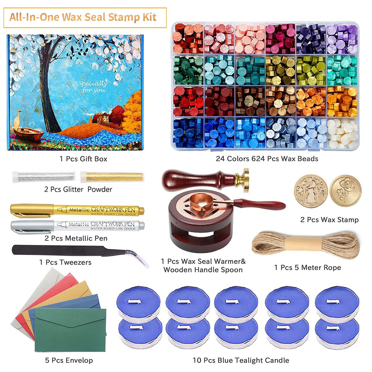 Comealltime Wax Seal Kit with Gift Box, 624 Pcs 24 Colors Sealing Beads, 2 Pcs Stamps, Sealing Wax Warmer, Metallic Pen, Envelope, Candles for Wedding Birthday Gift and DIY Craft, Sellado de Cera Comealltime