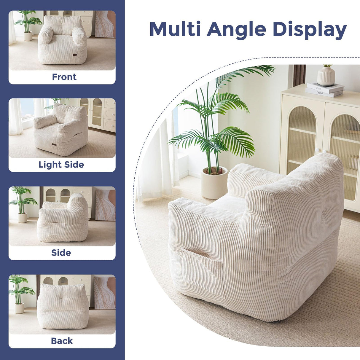 MAXYOYO Corded Bean Bag Chair, Living Room Bean Bag Chair for Adults Kids, Tufted Lazy Couch Lazy Sofa for Living Room, Stuffed with Filler MAXYOYO