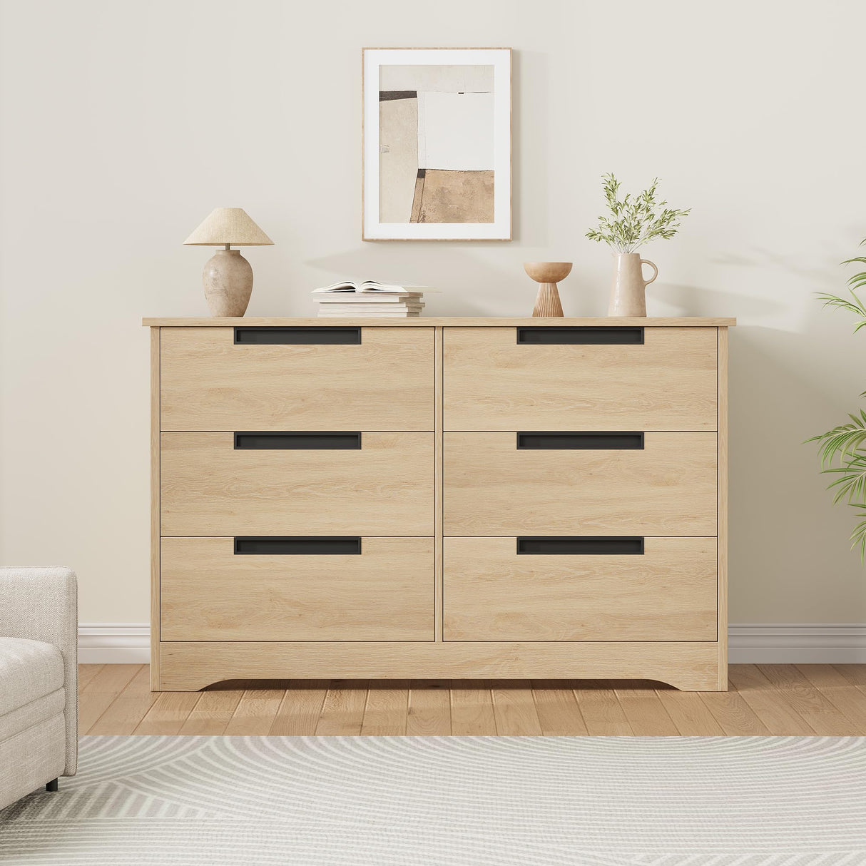 GarveeHome 6 Drawer Dresser for Bedroom, Natural Modern Double Dresser Organizer with Embedded Handles Design, Wooden Chest of Drawers for Living Room, Nursery, Hallway GarveeHome
