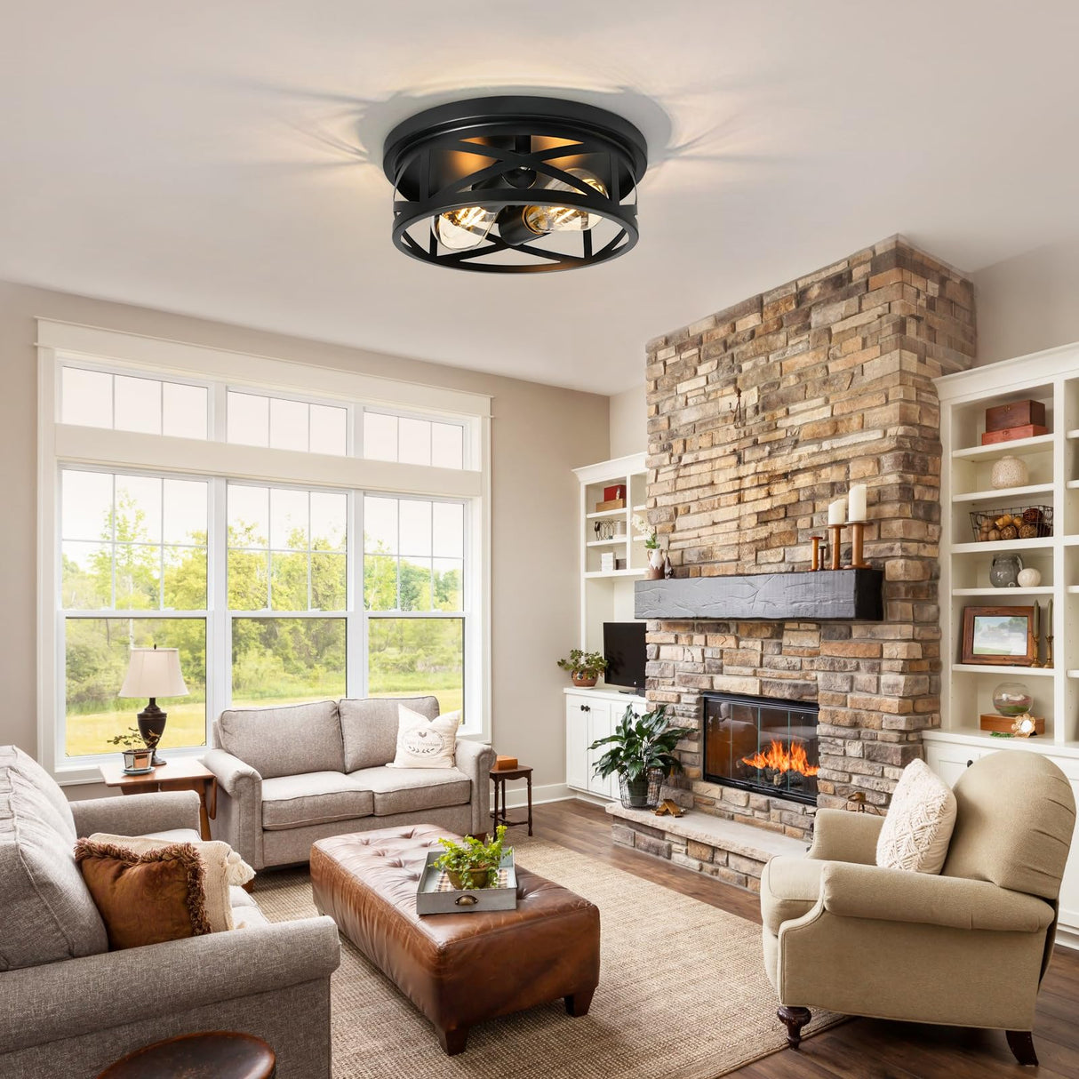 Elekeed 2-Light Flush Mount Ceiling Light Fixture, Farmhouse Ceiling Lights for Kitchen, Modern Black Close to Ceiling Light for Hallway Bedroom Balcony Porch Stairway, E26, (2 Pack) Elekeed