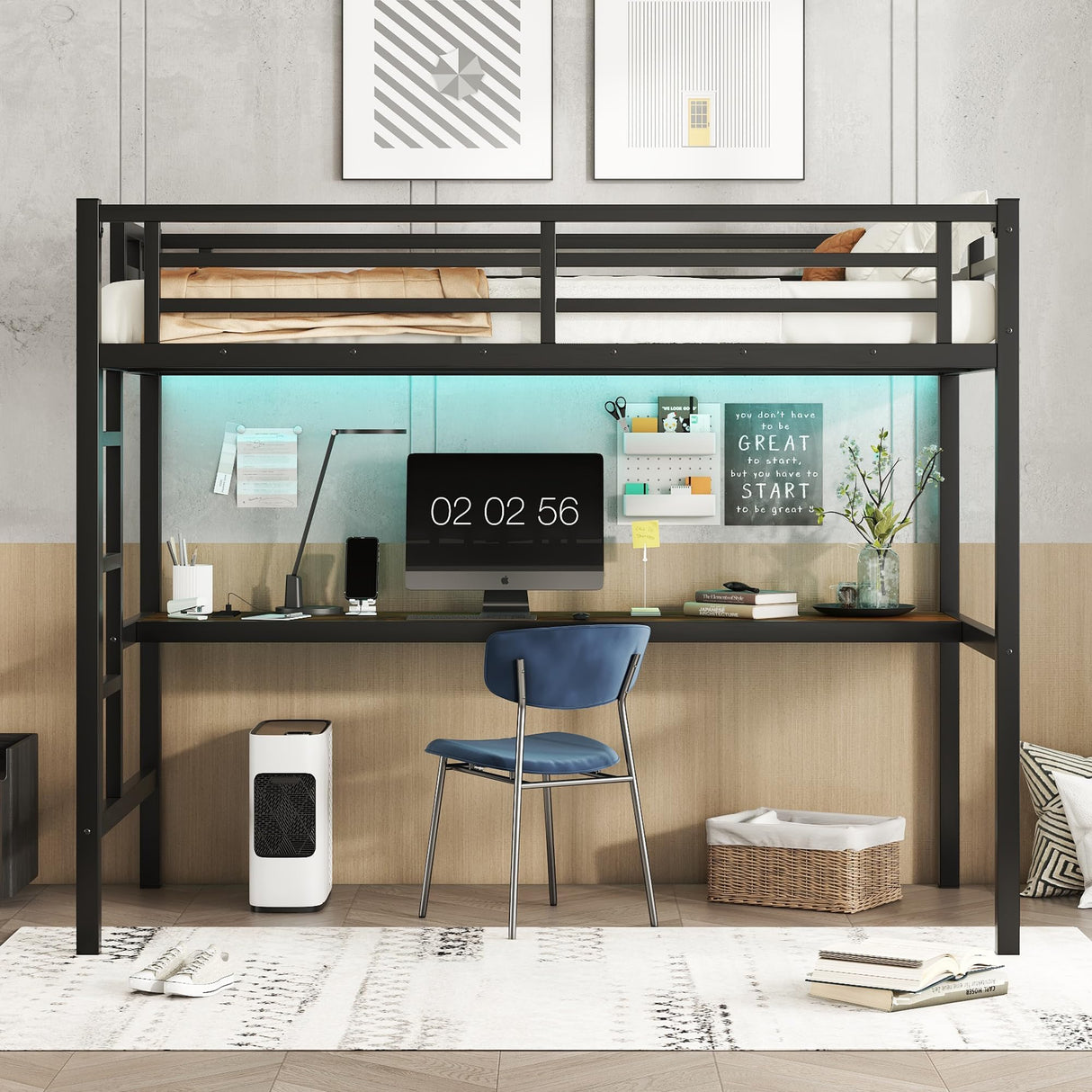 Bellemave Twin XL Size Loft Bed with Desk, LED Lights,Charging Station, Twin XL Metal Loft Bed Frame for Adults, Kids, Teens, Black Bellemave