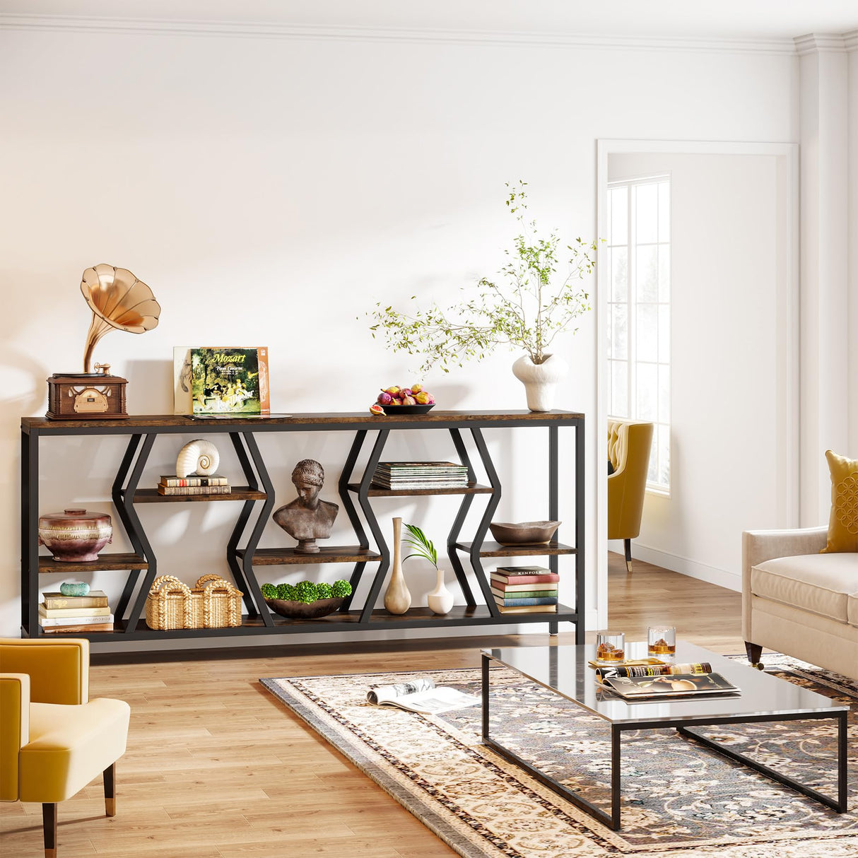 Tribesigns 70.9 Inches Sofa Console Table with 4 Tier Wood Storage Shelves, Industrial Extra Long Narrow Entryway Accent Tables for Hallway, Living Room, Foyer (Rustic Brown) Tribesigns