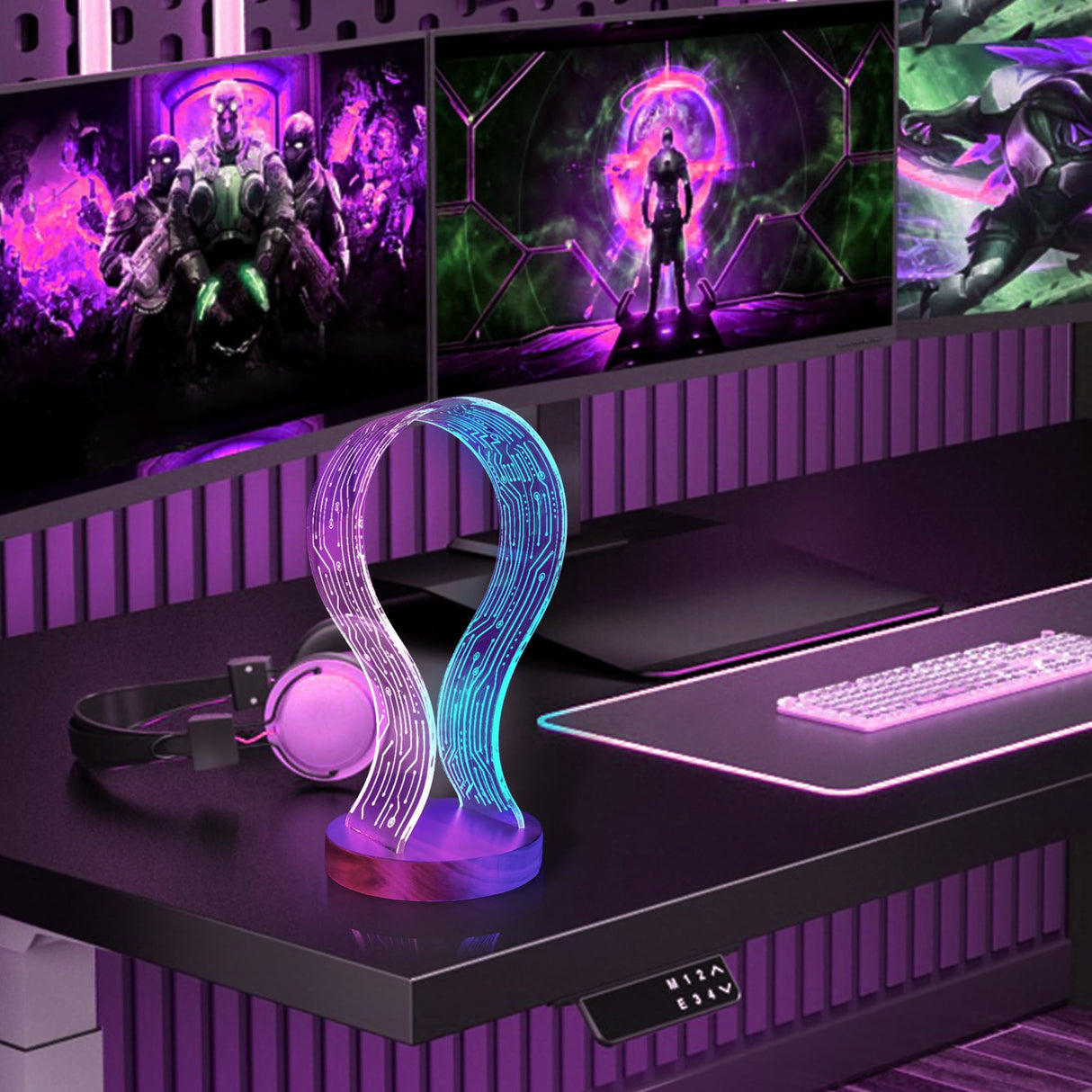 Lampeez Headphone Stand Headset Holder with Blue Pink LED Night Light Walnut Wood for Gamers, Music Lovers Gift Idea Lampeez