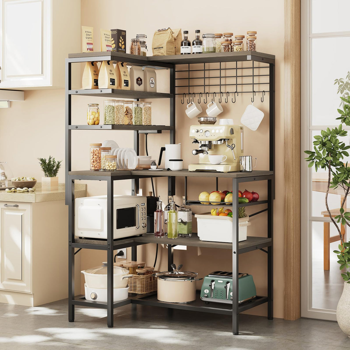 iabifo L-Shaped Bakers Rack with Power Outlet, 6-Tier Microwave Stand with Storage, Coffee Bar, Kitchen Shelf with Wire Basket, Hooks, Grey iabifo