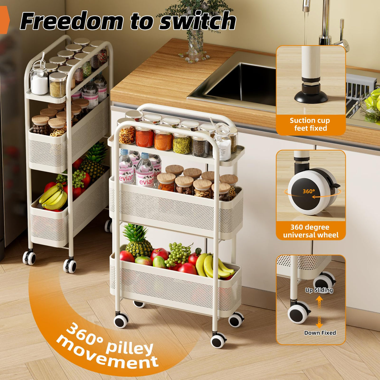 Slim Storage Cart 3 Tier with Pull Out Metal Basket Bathroom Organizer Rolling cart, Installation-Free Rolling Utility Cart Slide Out Organizer for Kitchen, Bathroom, Laundry (White, 3 Tier) CABTE